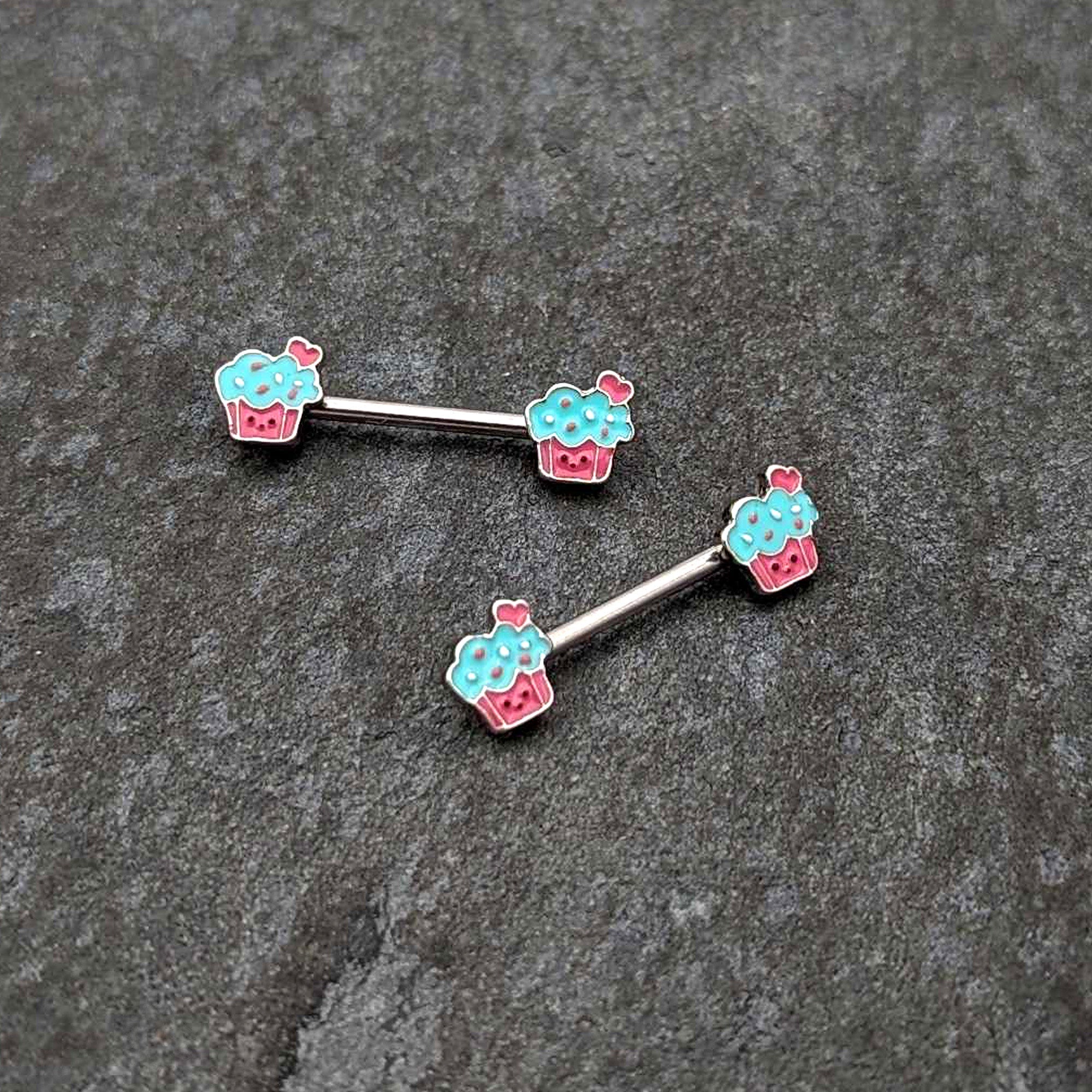 BodyCandy 14G 9/16 Sweet Happy Cupcake Barbell Nipple Ring Set — side view