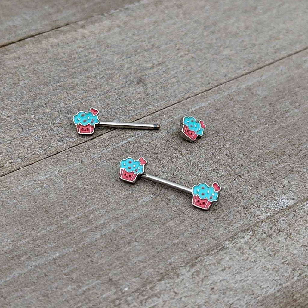 BodyCandy 14G 9/16 Sweet Happy Cupcake Barbell Nipple Ring Set — in-use photo