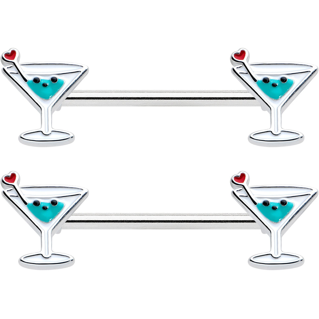 BodyCandy 14G 9/16 Sweet Martini Glass Heart Barbell Nipple Ring Set — detail close-up