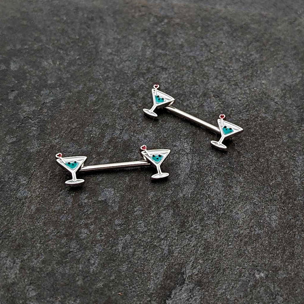BodyCandy 14G 9/16 Sweet Martini Glass Heart Barbell Nipple Ring Set — side view
