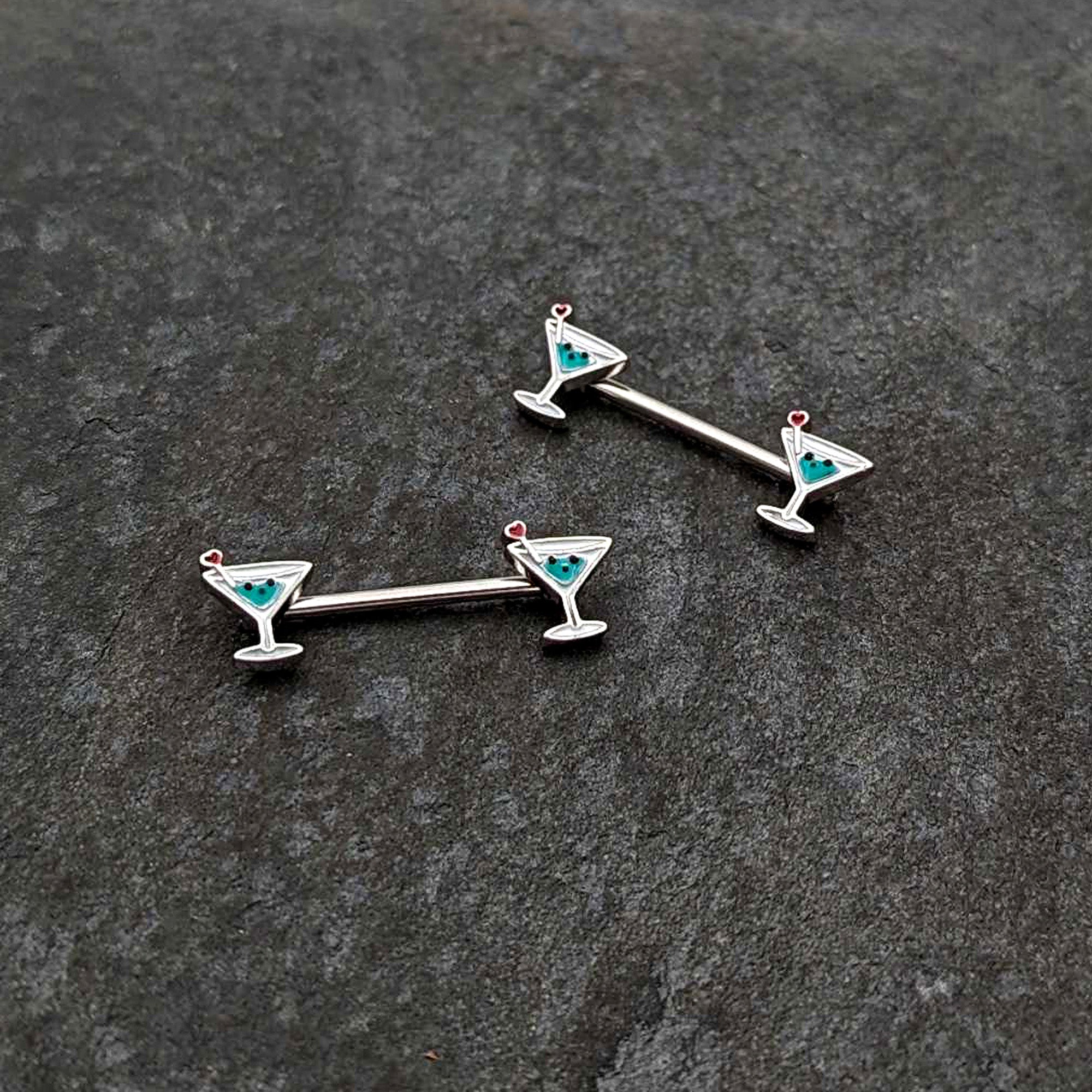 BodyCandy 14G 9/16 Sweet Martini Glass Heart Barbell Nipple Ring Set — side view