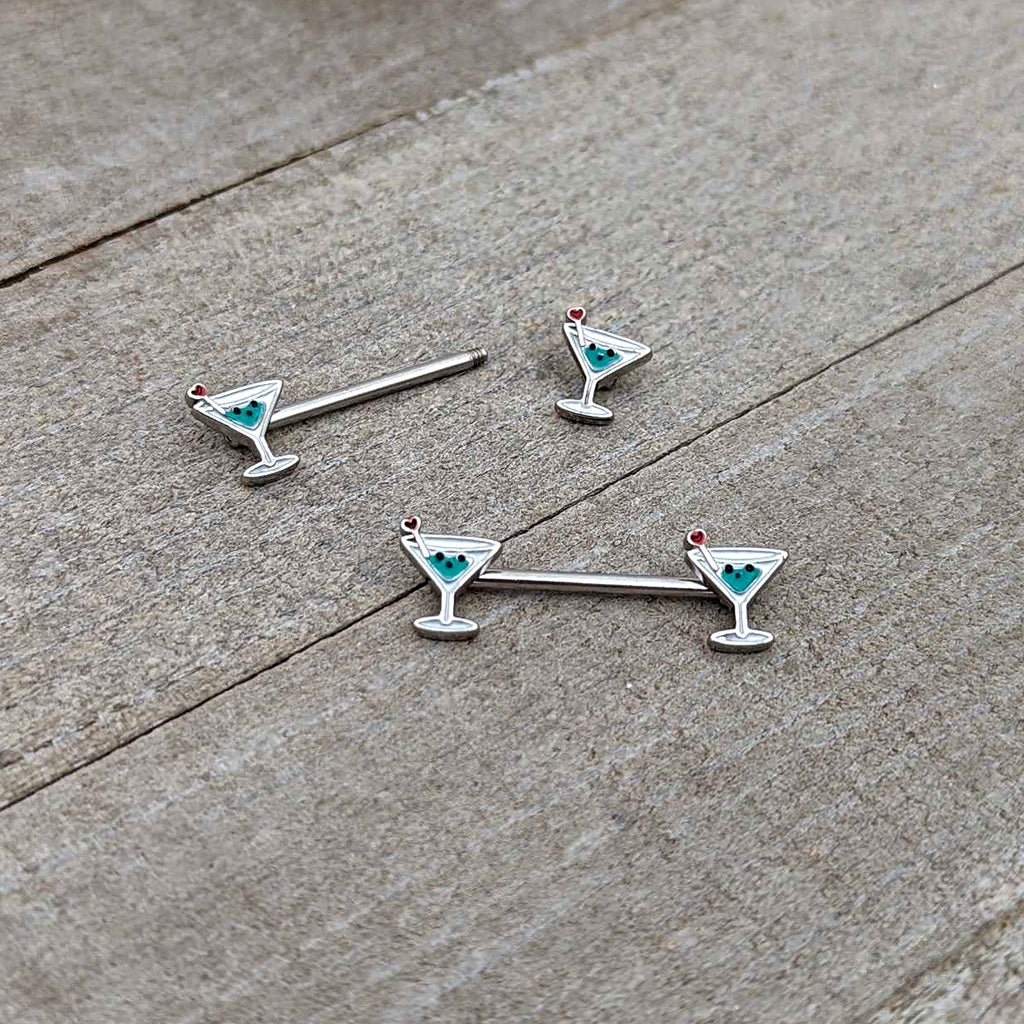 BodyCandy 14G 9/16 Sweet Martini Glass Heart Barbell Nipple Ring Set — in-use photo