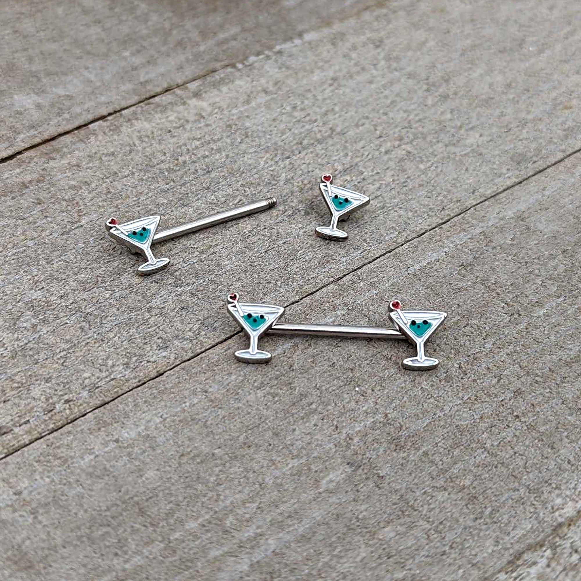 BodyCandy 14G 9/16 Sweet Martini Glass Heart Barbell Nipple Ring Set — in-use photo