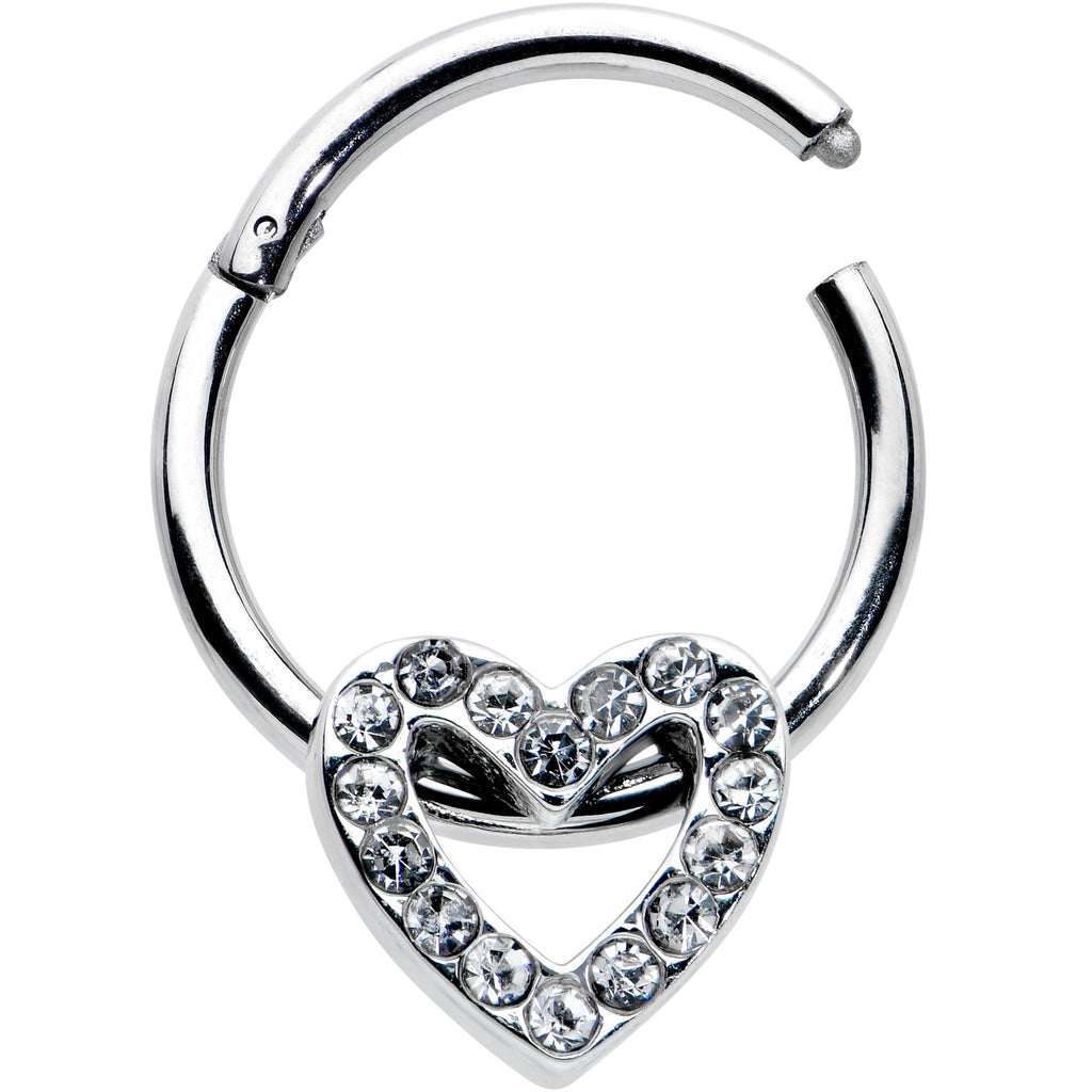 BodyCandy 16G 3/8 Clear Gem Open Heart Valentine Hinged Segment Ring — detail close-up