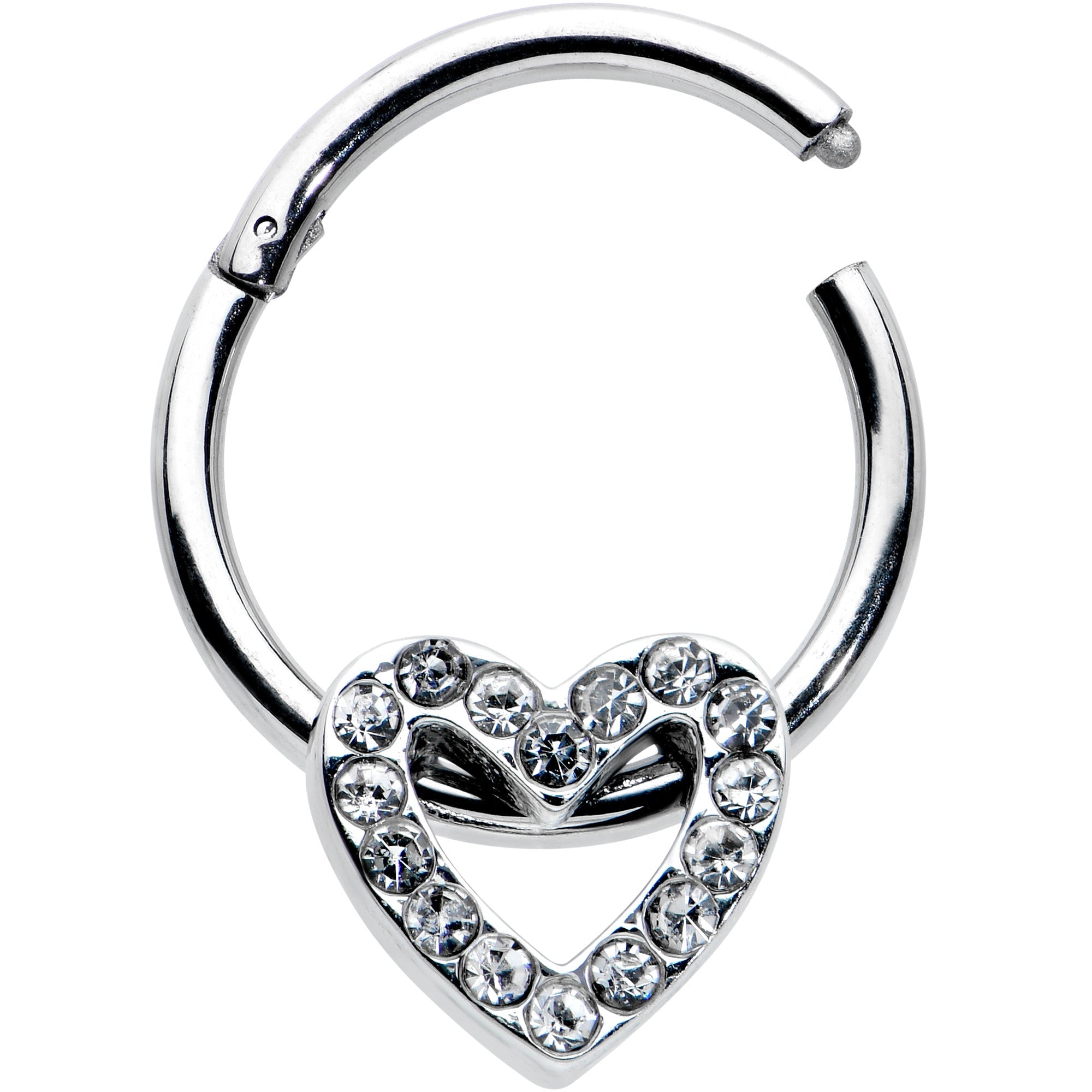BodyCandy 16G 3/8 Clear Gem Open Heart Valentine Hinged Segment Ring — detail close-up