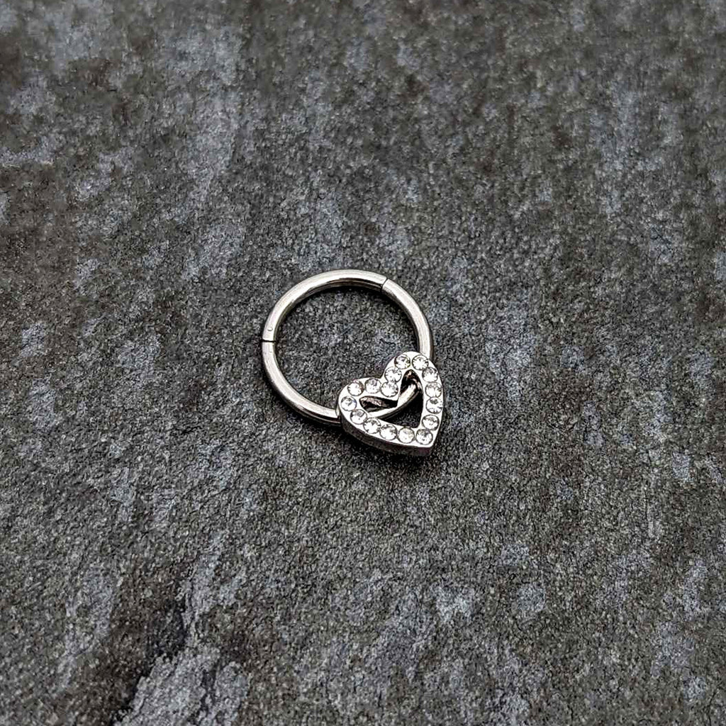 BodyCandy 16G 3/8 Clear Gem Open Heart Valentine Hinged Segment Ring — side view