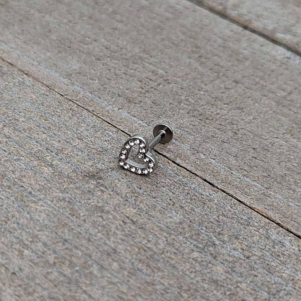 BodyCandy 16G 5/16 Clear Gem Open Heart Valentine Labret Monroe Tragus — in-use photo