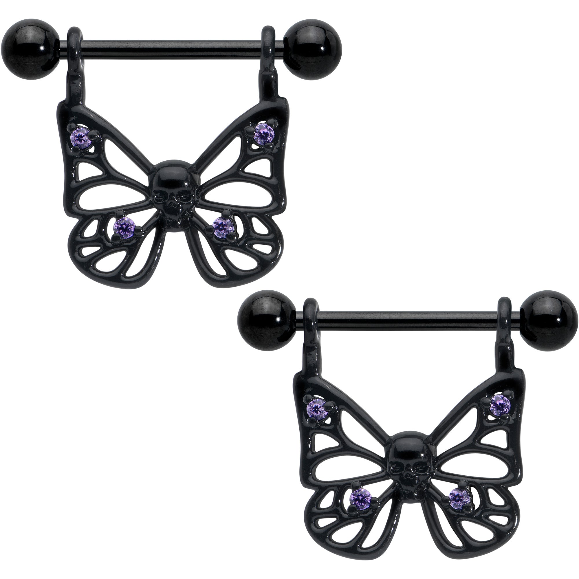 BodyCandy 14G 11/16 Purple CZ Gem Black Skull Butterfly Dangle Nipple Ring Set — main product shot