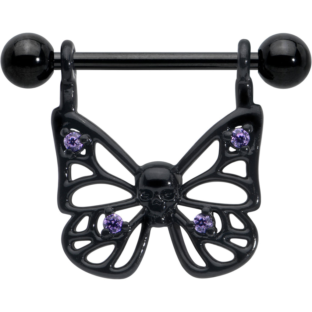 BodyCandy 14G 11/16 Purple CZ Gem Black Skull Butterfly Dangle Nipple Ring Set — detail close-up
