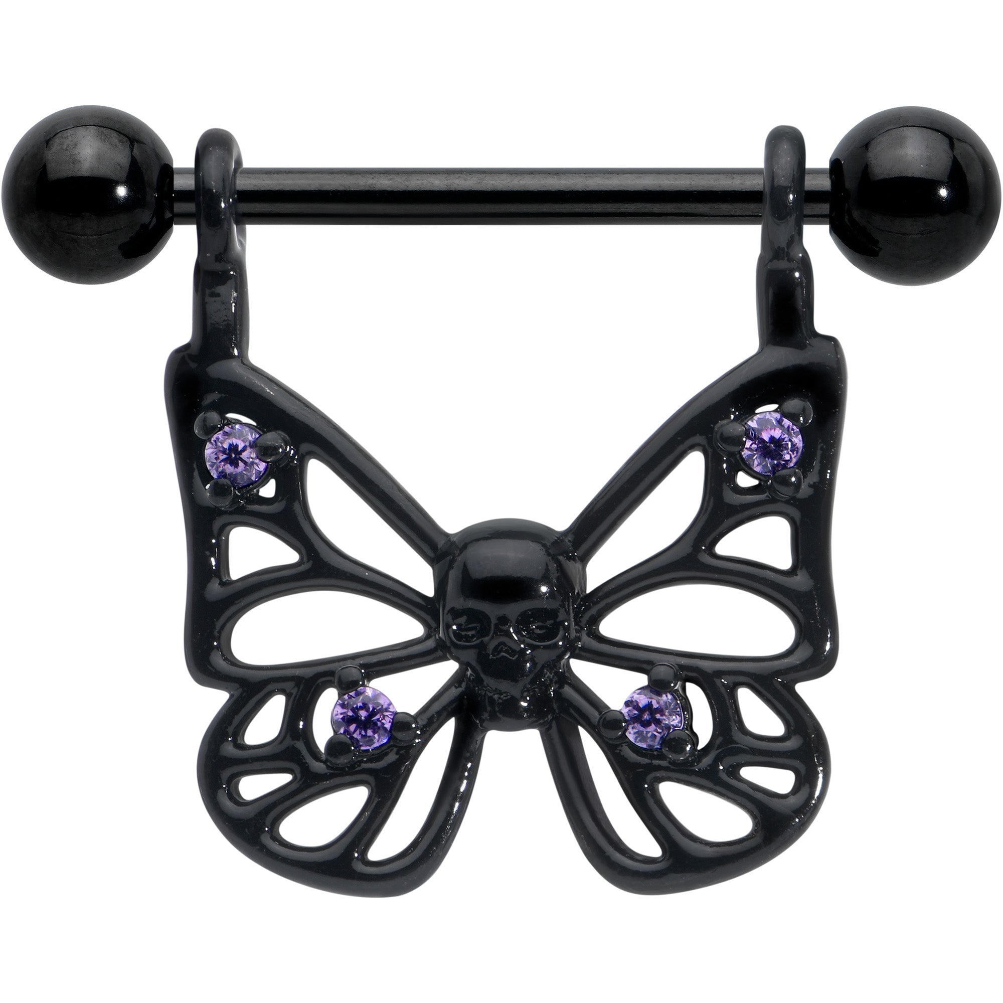BodyCandy 14G 11/16 Purple CZ Gem Black Skull Butterfly Dangle Nipple Ring Set — detail close-up