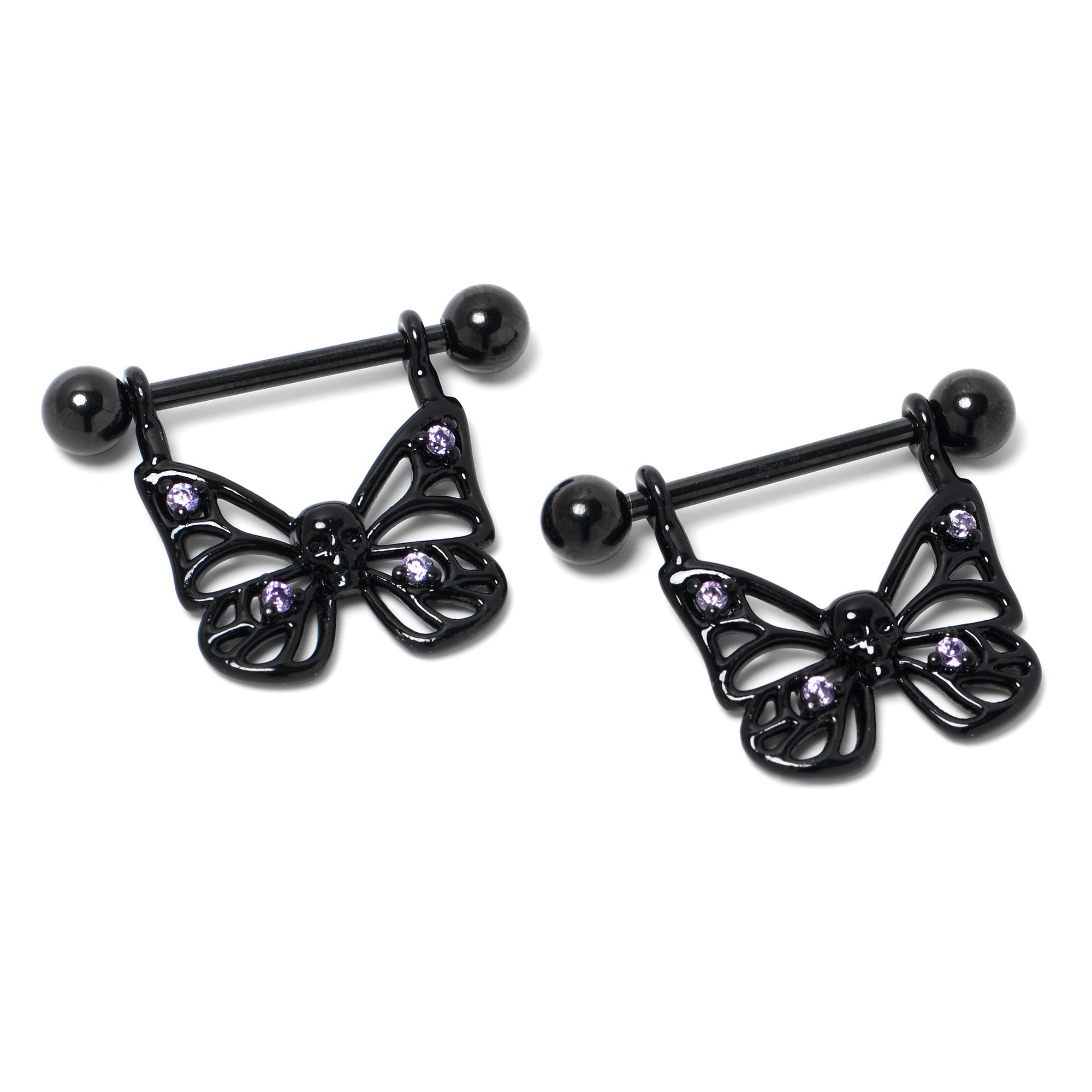 BodyCandy 14G 11/16 Purple CZ Gem Black Skull Butterfly Dangle Nipple Ring Set — side view
