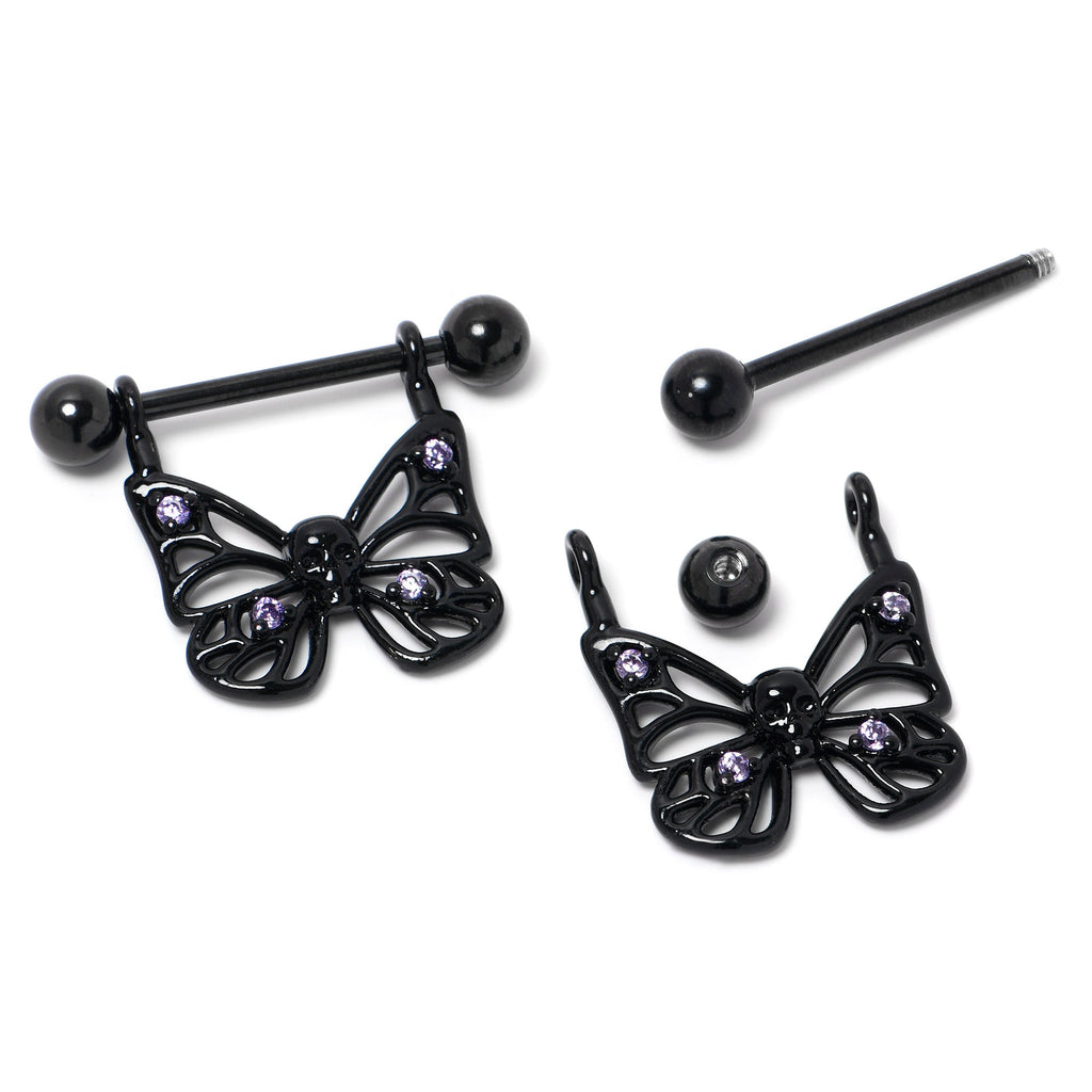 BodyCandy 14G 11/16 Purple CZ Gem Black Skull Butterfly Dangle Nipple Ring Set — back view