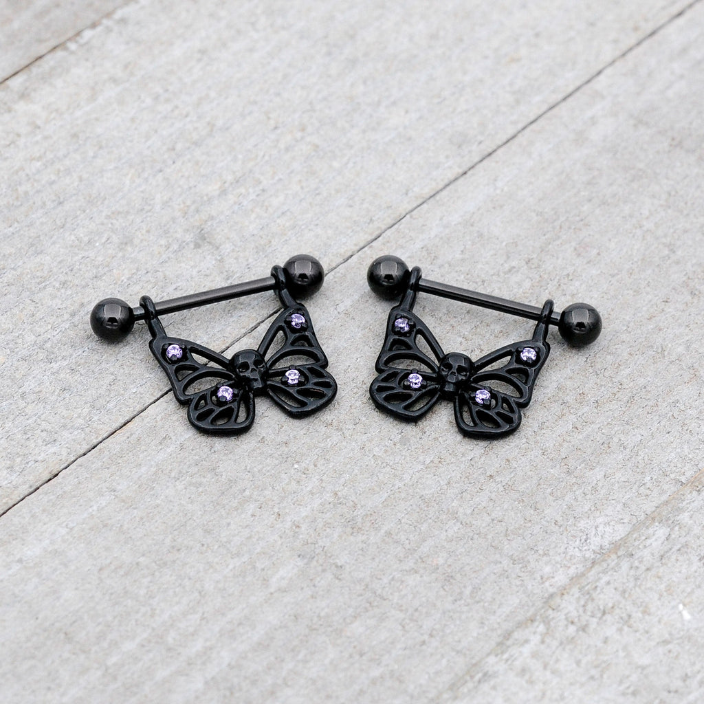 BodyCandy 14G 11/16 Purple CZ Gem Black Skull Butterfly Dangle Nipple Ring Set — alternative angle