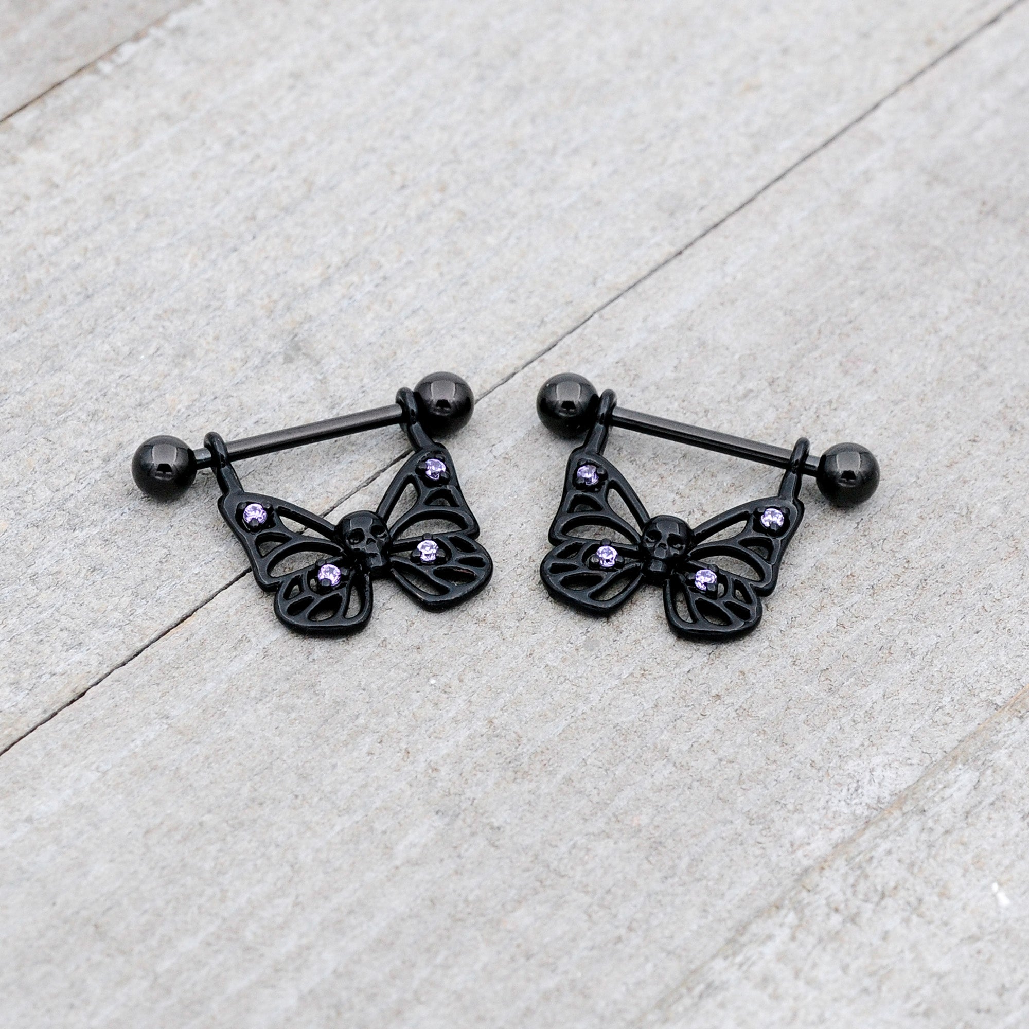 BodyCandy 14G 11/16 Purple CZ Gem Black Skull Butterfly Dangle Nipple Ring Set — alternative angle