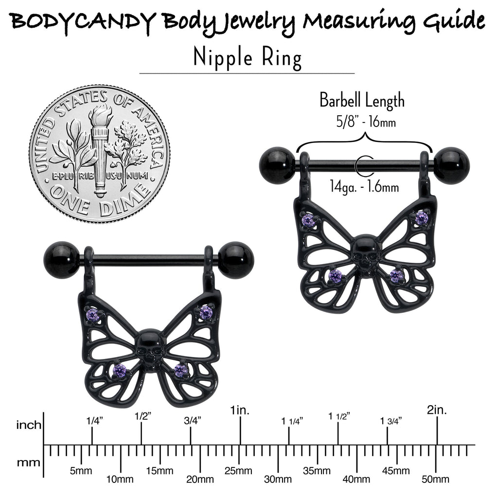 BodyCandy 14G 11/16 Purple CZ Gem Black Skull Butterfly Dangle Nipple Ring Set — in-use photo