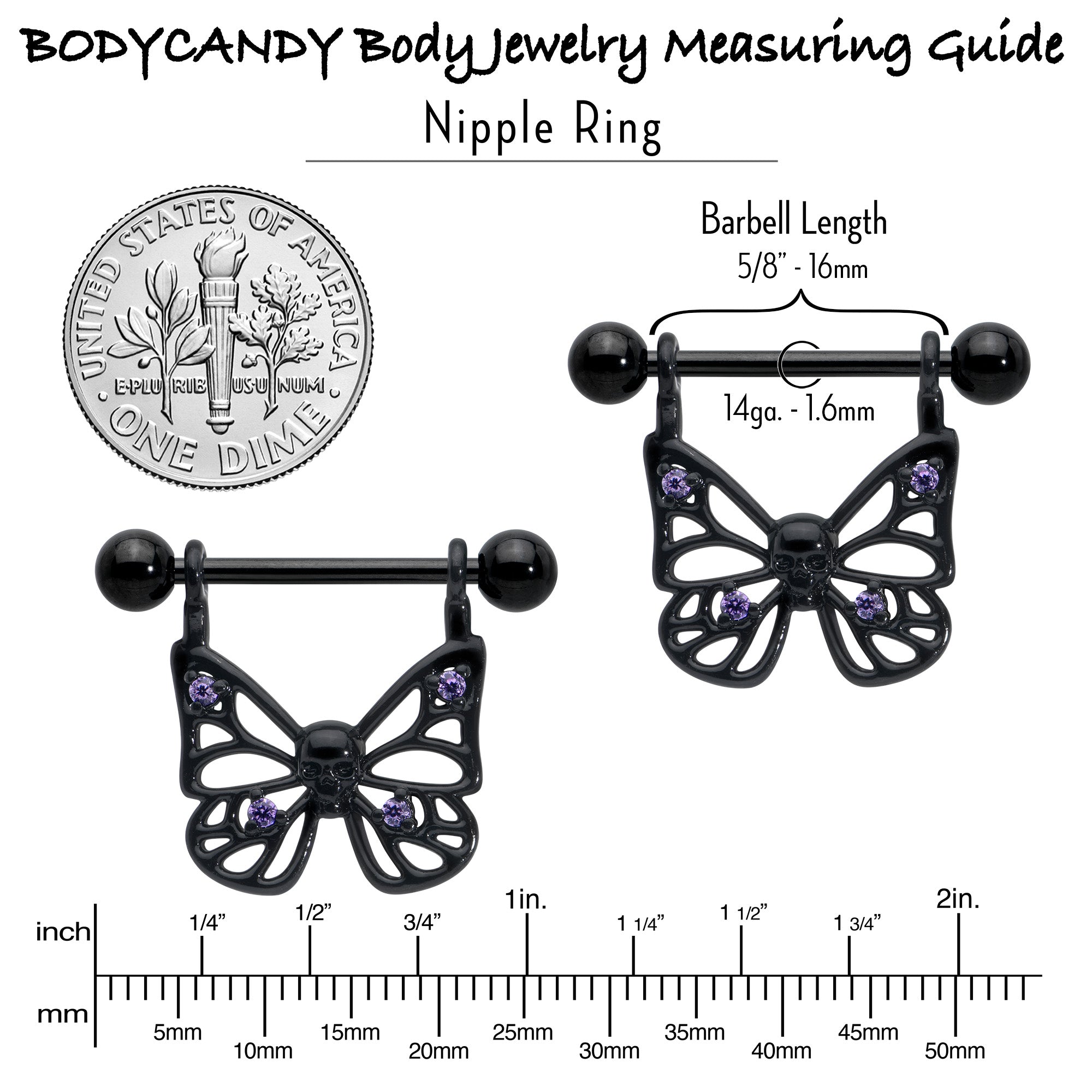 BodyCandy 14G 11/16 Purple CZ Gem Black Skull Butterfly Dangle Nipple Ring Set — in-use photo