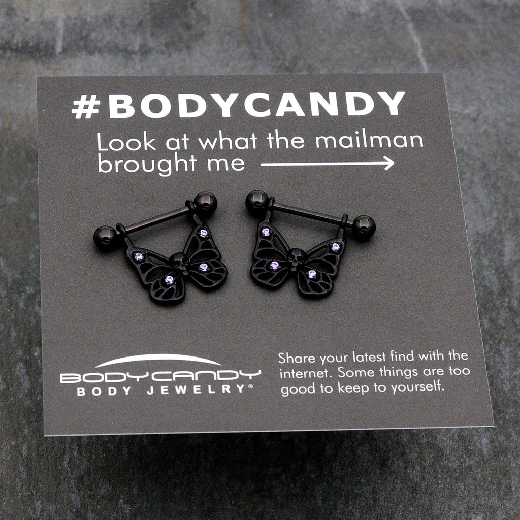 BodyCandy 14G 11/16 Purple CZ Gem Black Skull Butterfly Dangle Nipple Ring Set — size reference