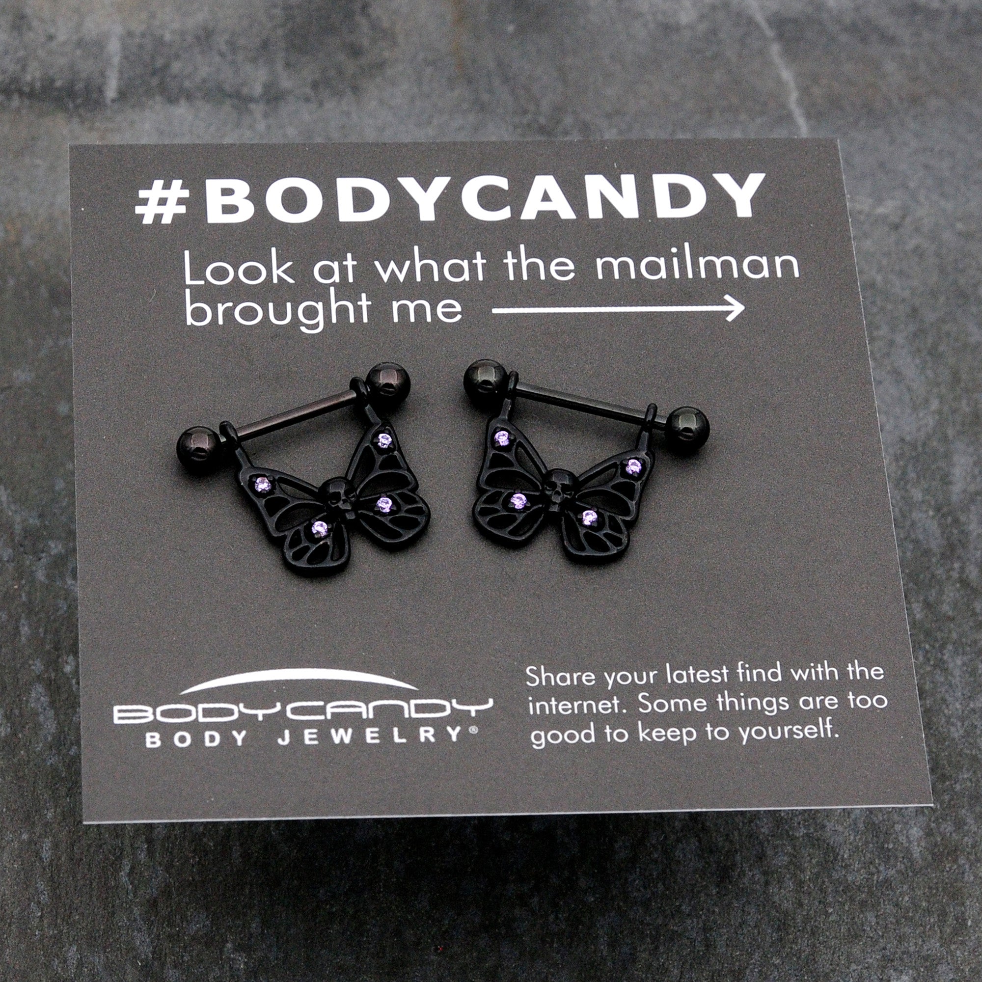 BodyCandy 14G 11/16 Purple CZ Gem Black Skull Butterfly Dangle Nipple Ring Set — size reference