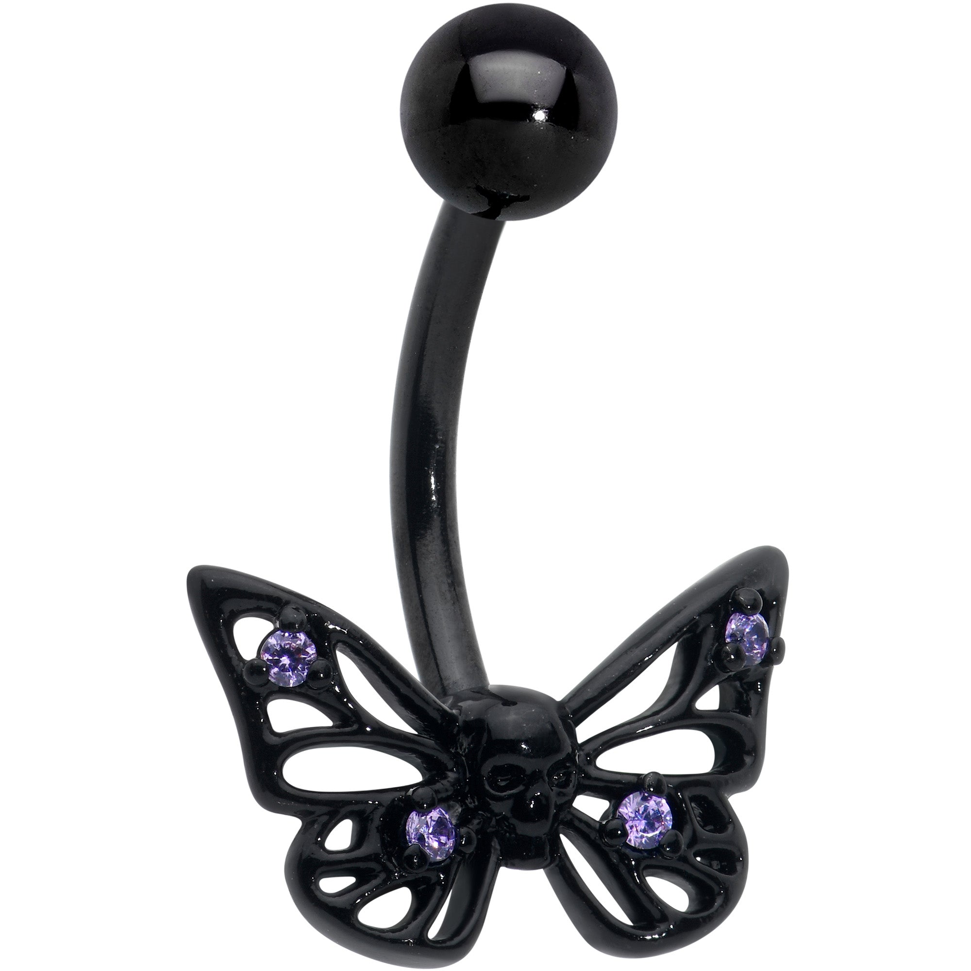 BodyCandy Purple CZ Gem Black Skull Butterfly Belly Ring — main product shot