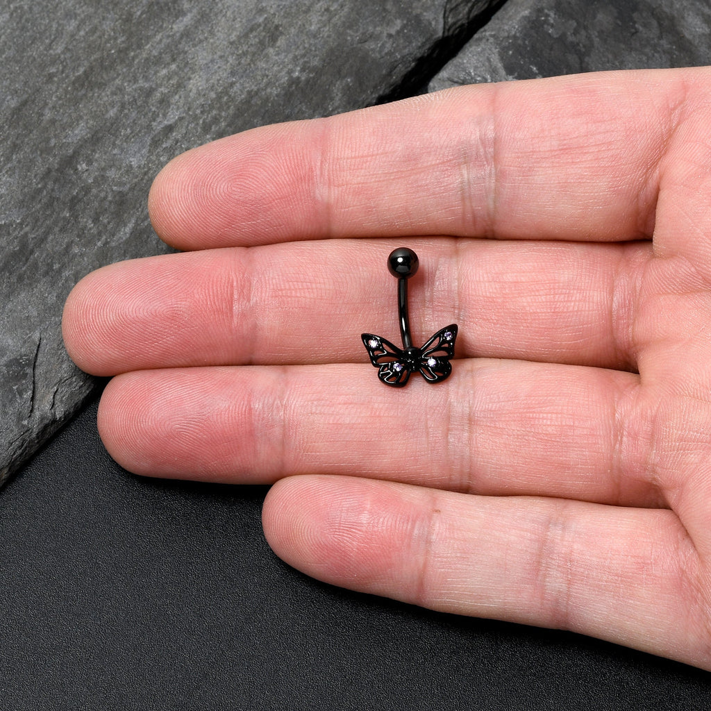 BodyCandy Purple CZ Gem Black Skull Butterfly Belly Ring — detail close-up
