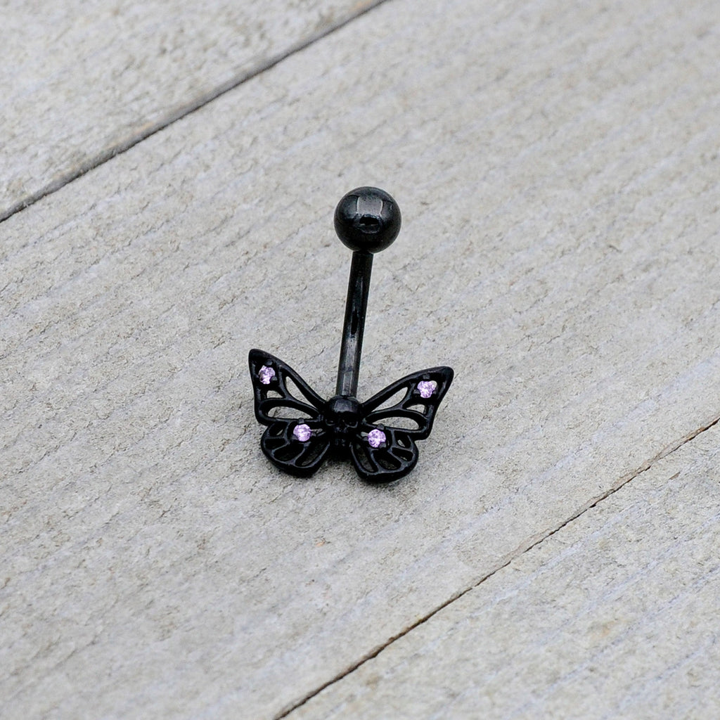 BodyCandy Purple CZ Gem Black Skull Butterfly Belly Ring — lifestyle context