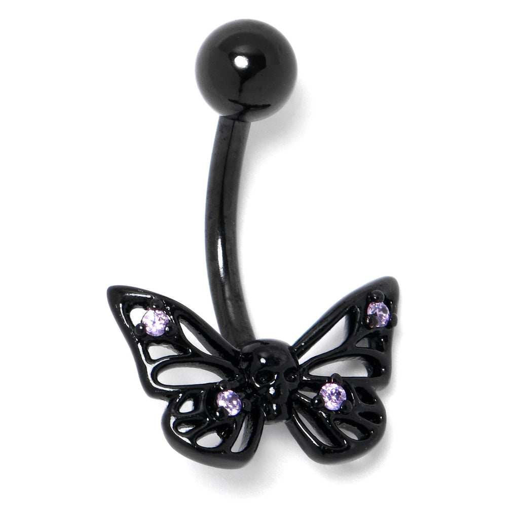 BodyCandy Purple CZ Gem Black Skull Butterfly Belly Ring — side view