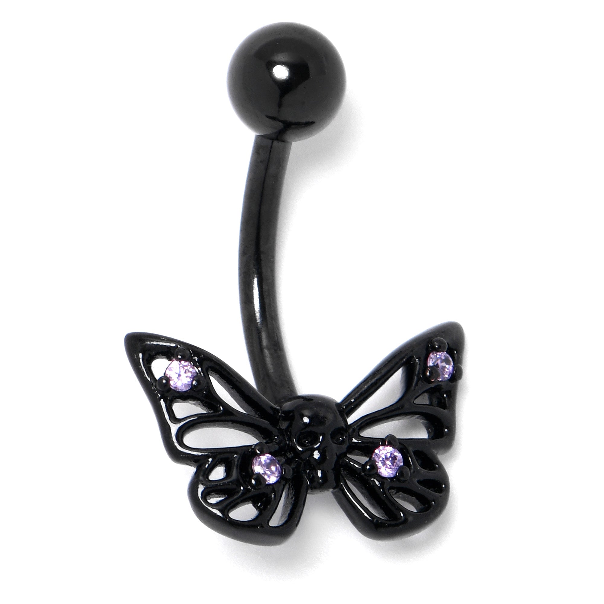 BodyCandy Purple CZ Gem Black Skull Butterfly Belly Ring — side view