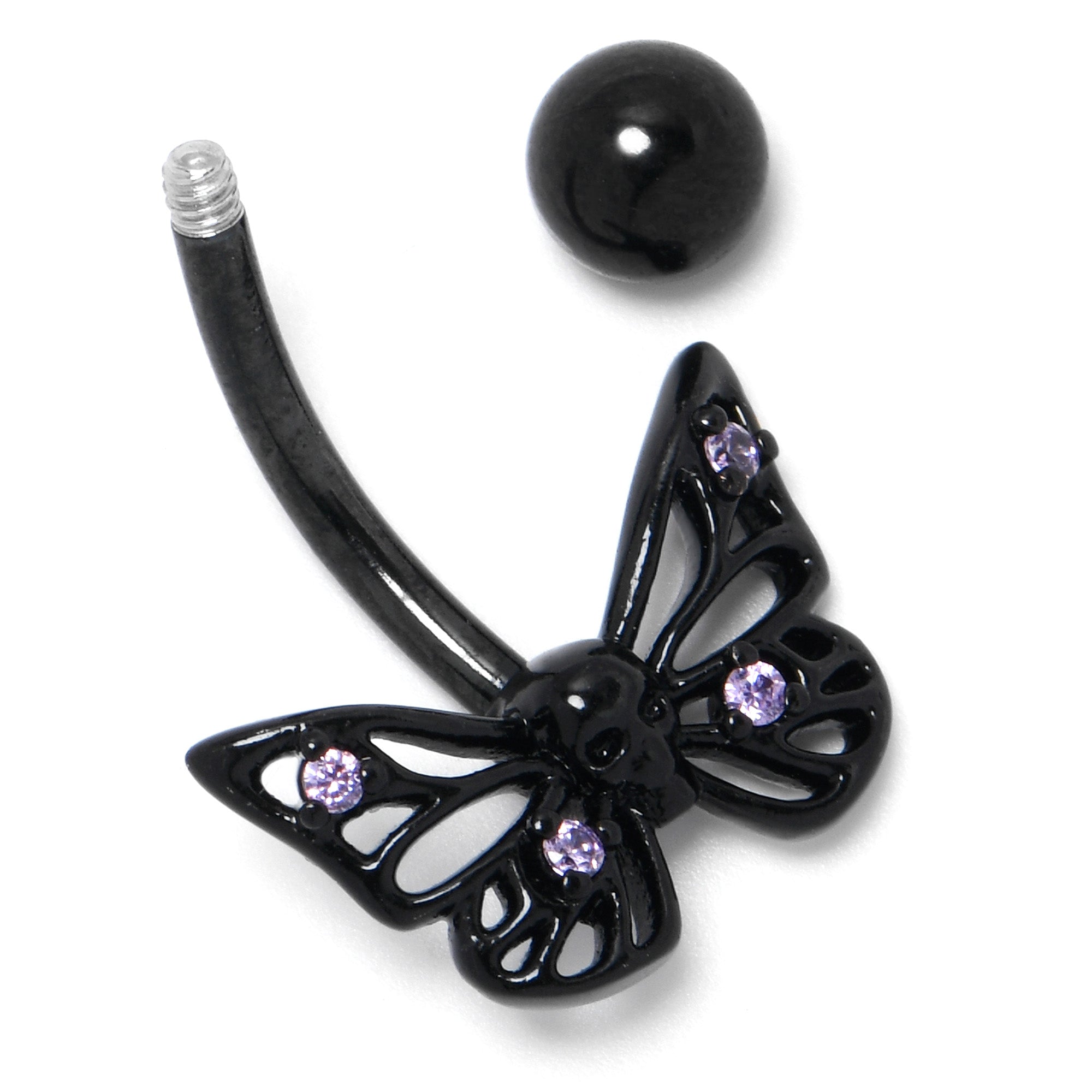 BodyCandy Purple CZ Gem Black Skull Butterfly Belly Ring — back view