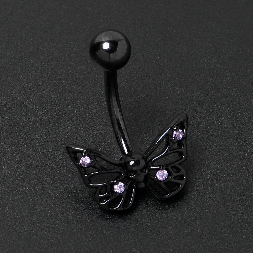 BodyCandy Purple CZ Gem Black Skull Butterfly Belly Ring — alternative angle