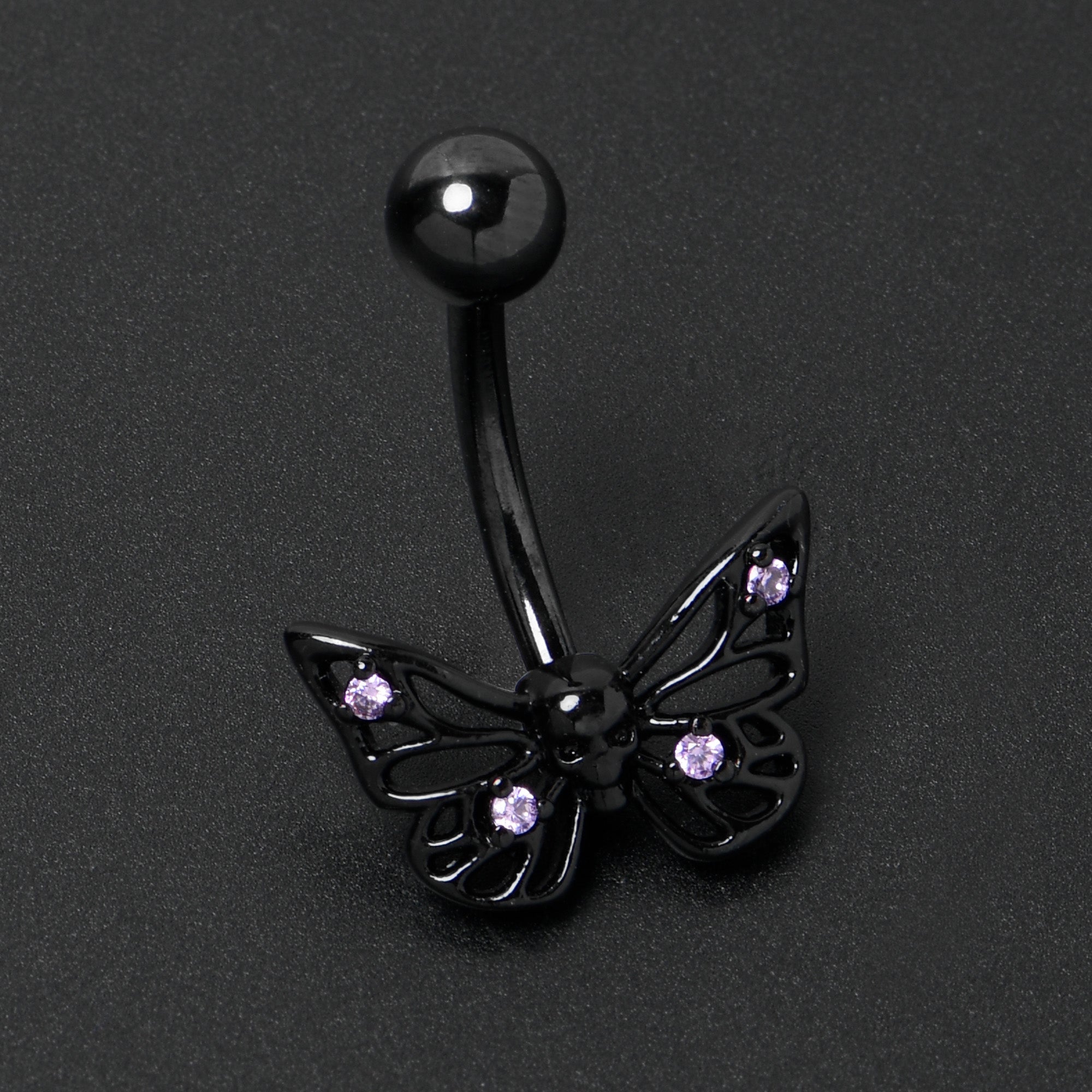BodyCandy Purple CZ Gem Black Skull Butterfly Belly Ring — alternative angle