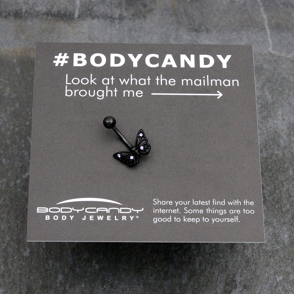 BodyCandy Purple CZ Gem Black Skull Butterfly Belly Ring — size reference