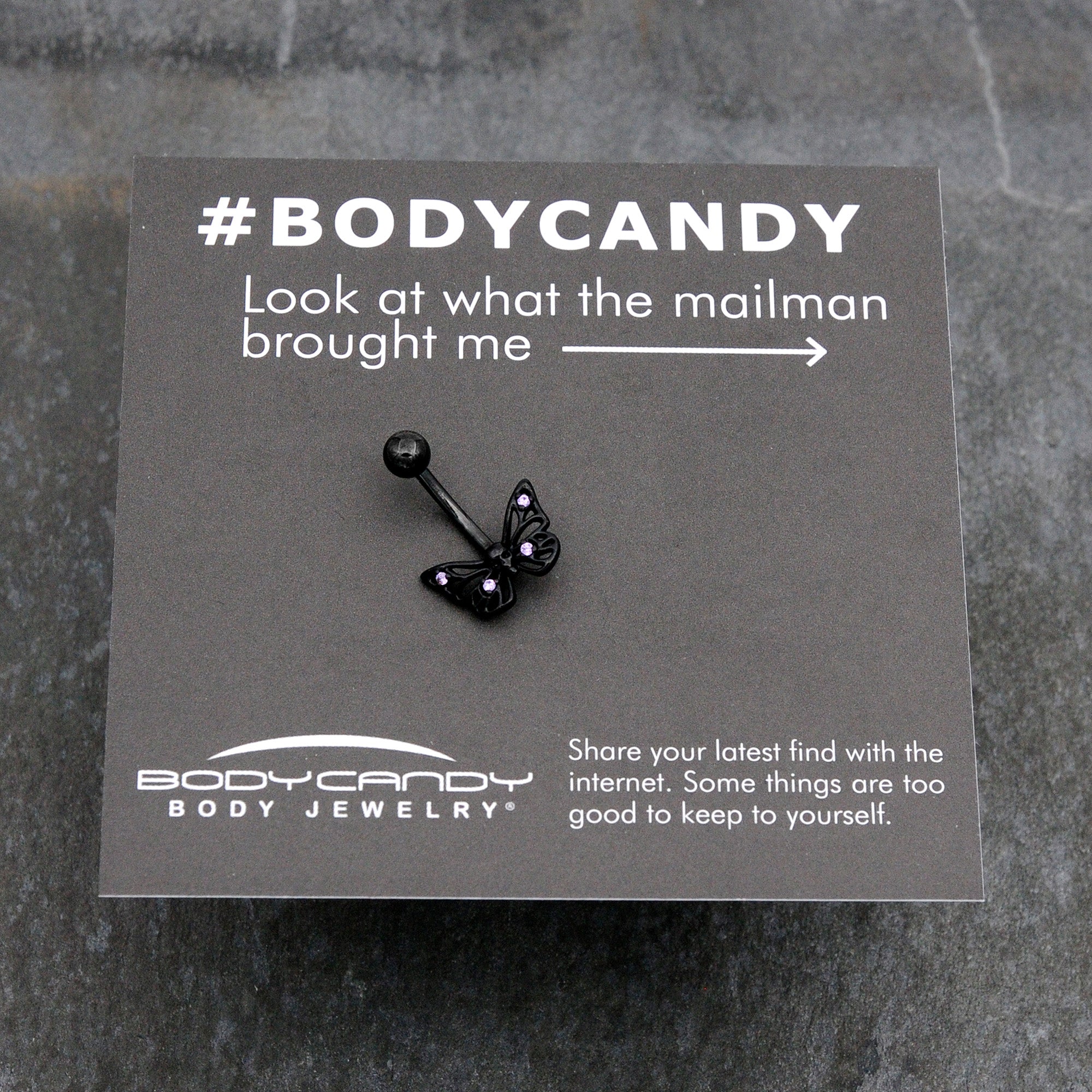BodyCandy Purple CZ Gem Black Skull Butterfly Belly Ring — size reference
