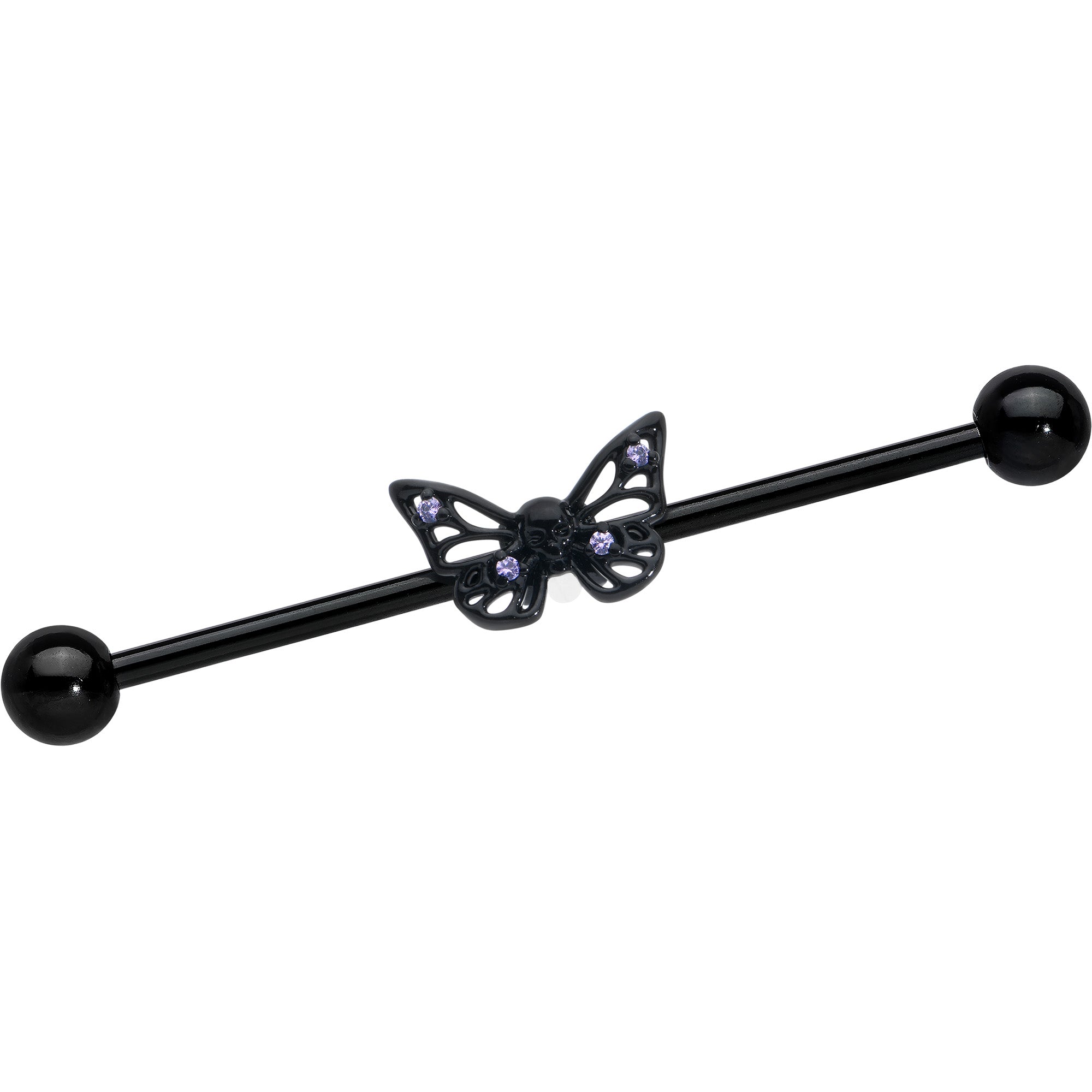 BodyCandy 14G Purple CZ Gem Black Skull Butterfly Industrial Barbell 38mm — main product shot