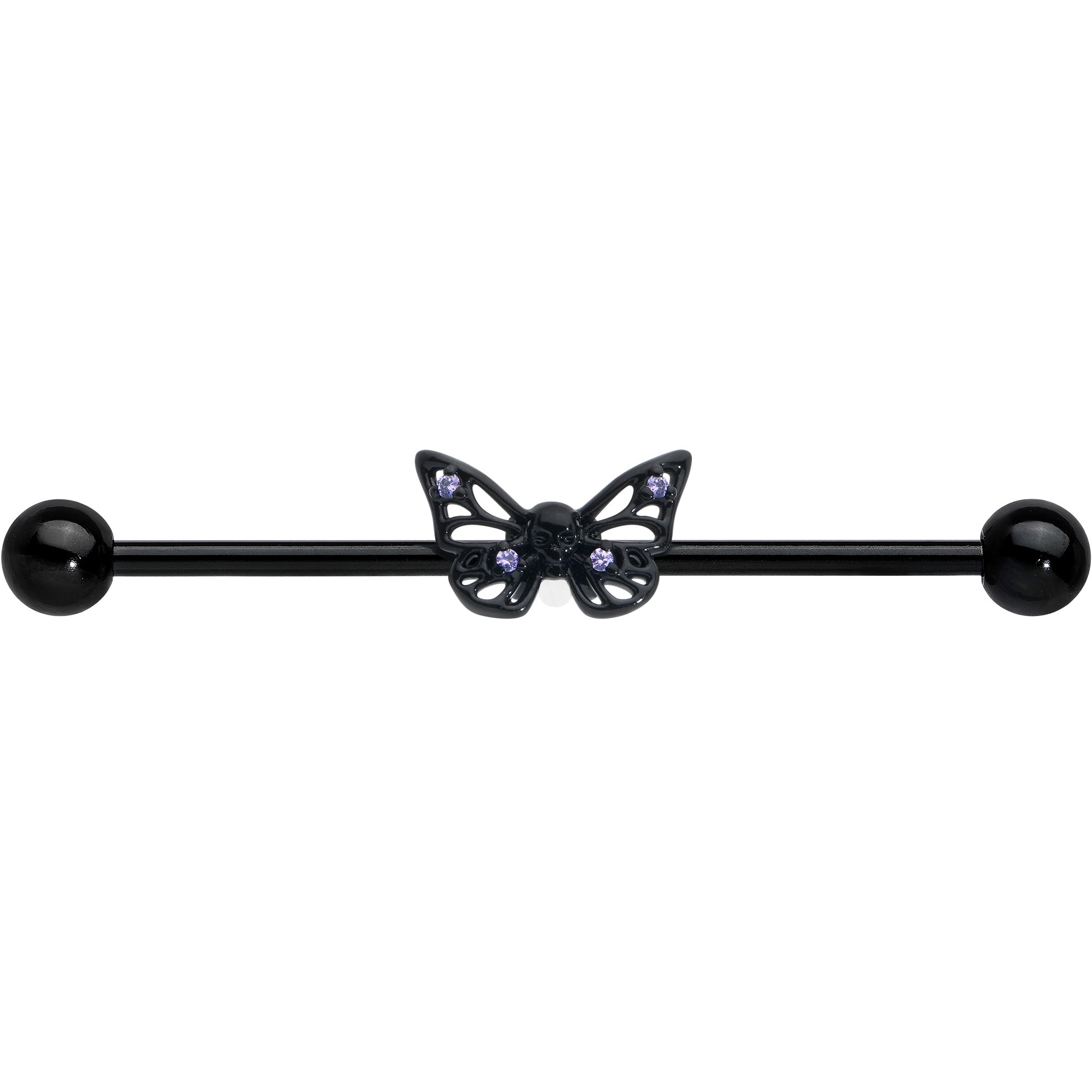 BodyCandy 14G Purple CZ Gem Black Skull Butterfly Industrial Barbell 38mm — detail close-up