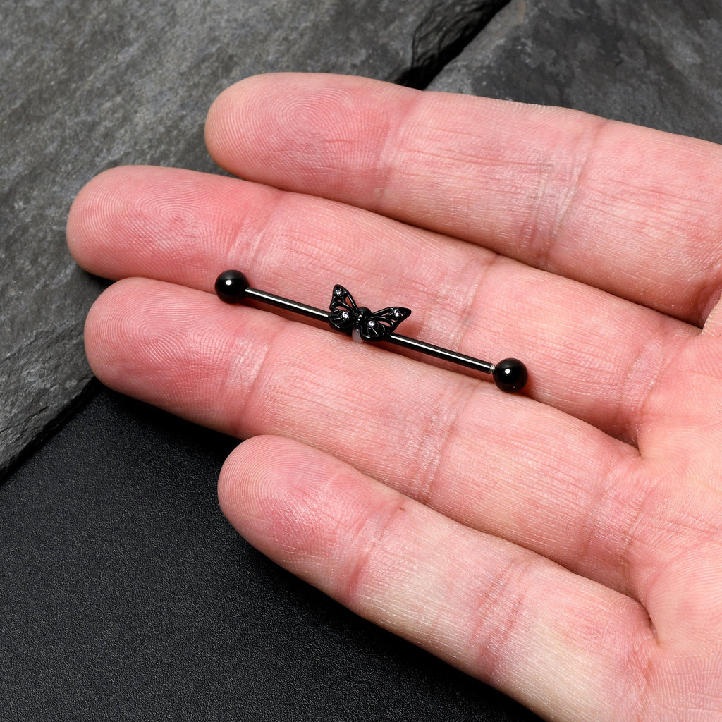 BodyCandy 14G Purple CZ Gem Black Skull Butterfly Industrial Barbell 38mm — lifestyle context