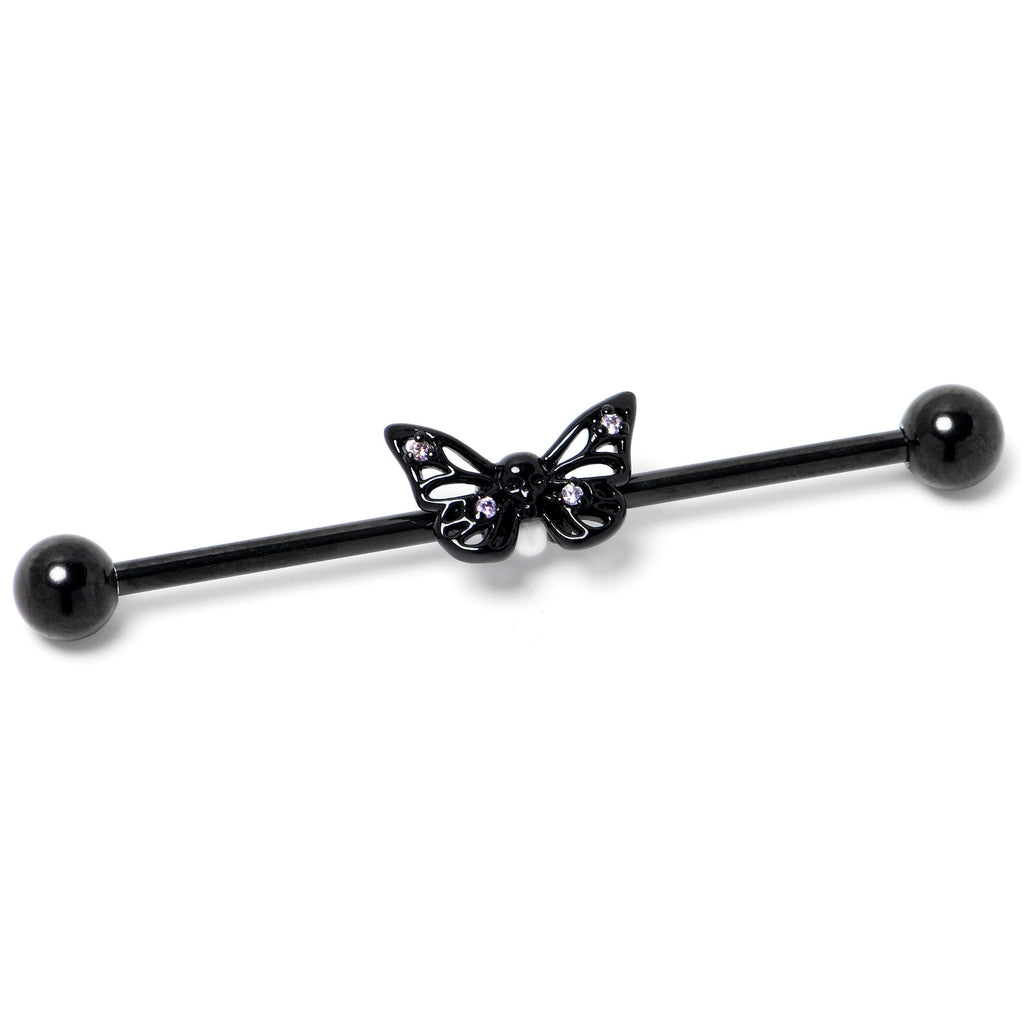 BodyCandy 14G Purple CZ Gem Black Skull Butterfly Industrial Barbell 38mm — side view