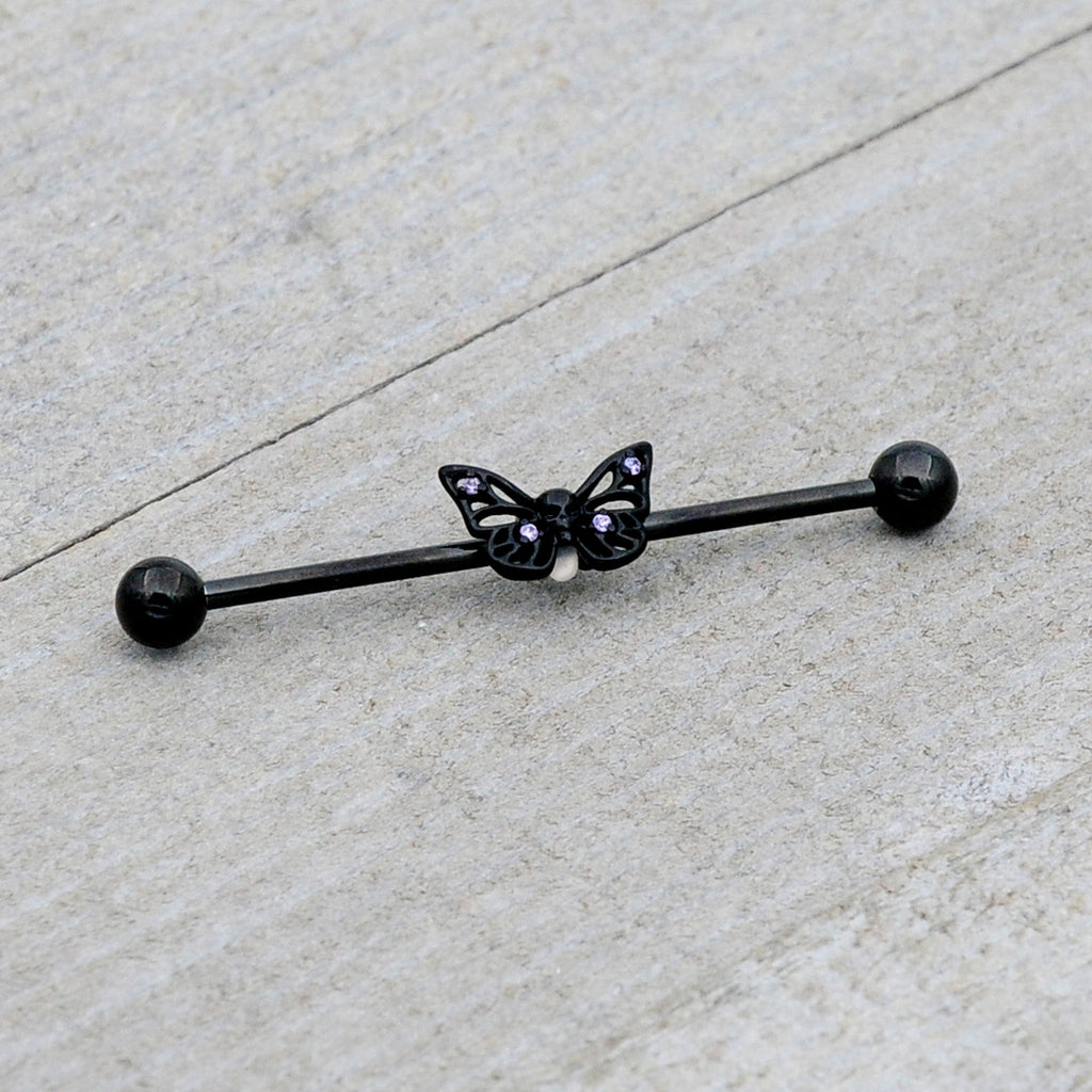 BodyCandy 14G Purple CZ Gem Black Skull Butterfly Industrial Barbell 38mm — alternative angle