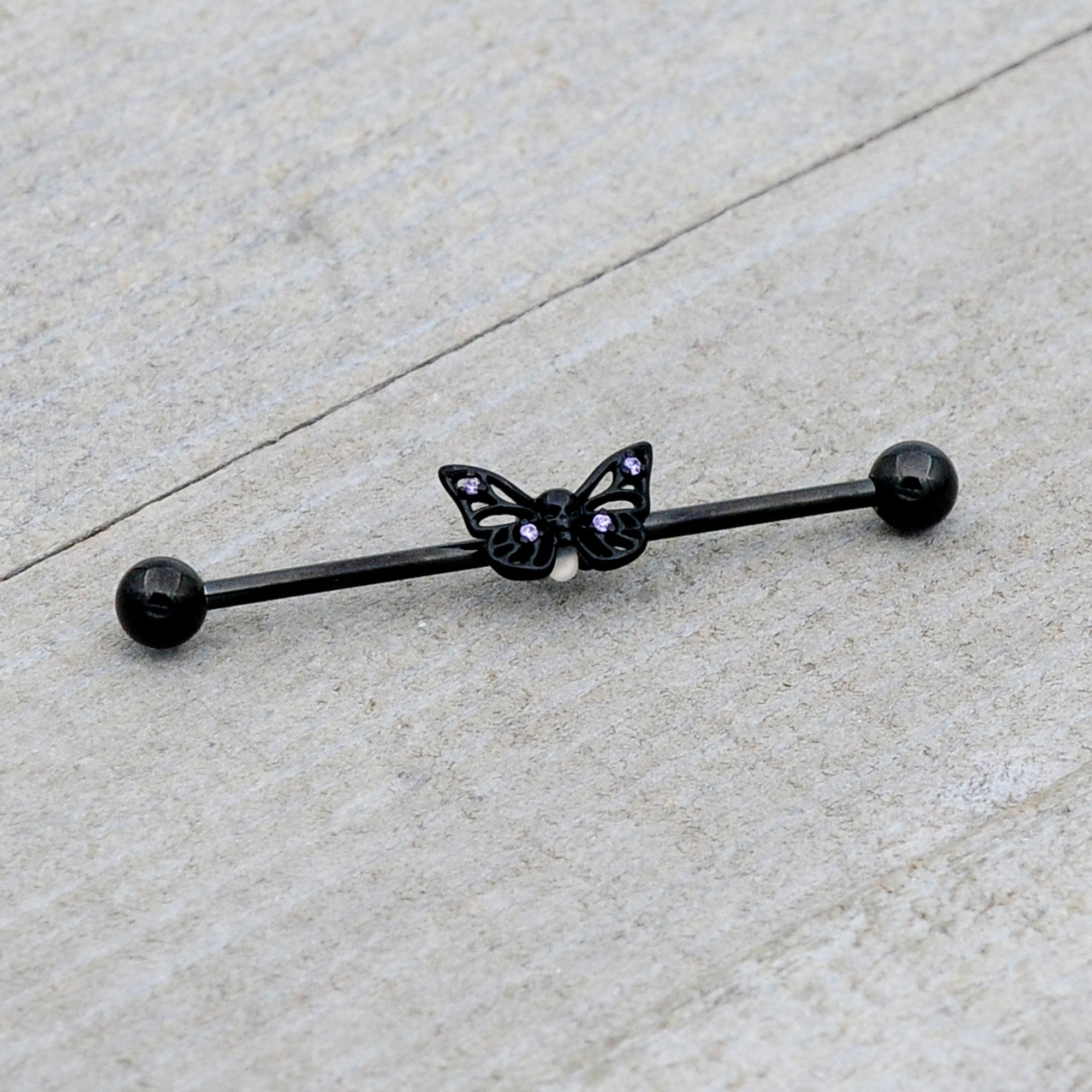 BodyCandy 14G Purple CZ Gem Black Skull Butterfly Industrial Barbell 38mm — alternative angle