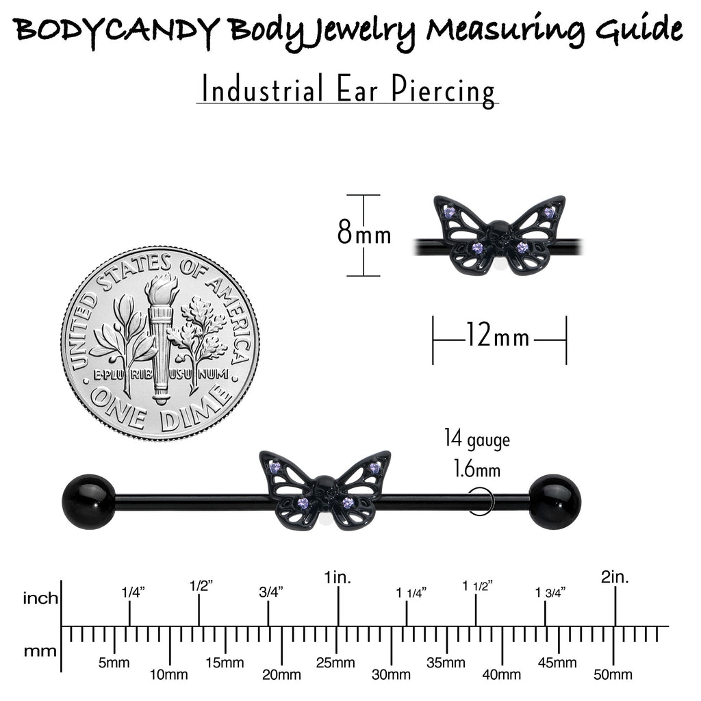 BodyCandy 14G Purple CZ Gem Black Skull Butterfly Industrial Barbell 38mm — in-use photo