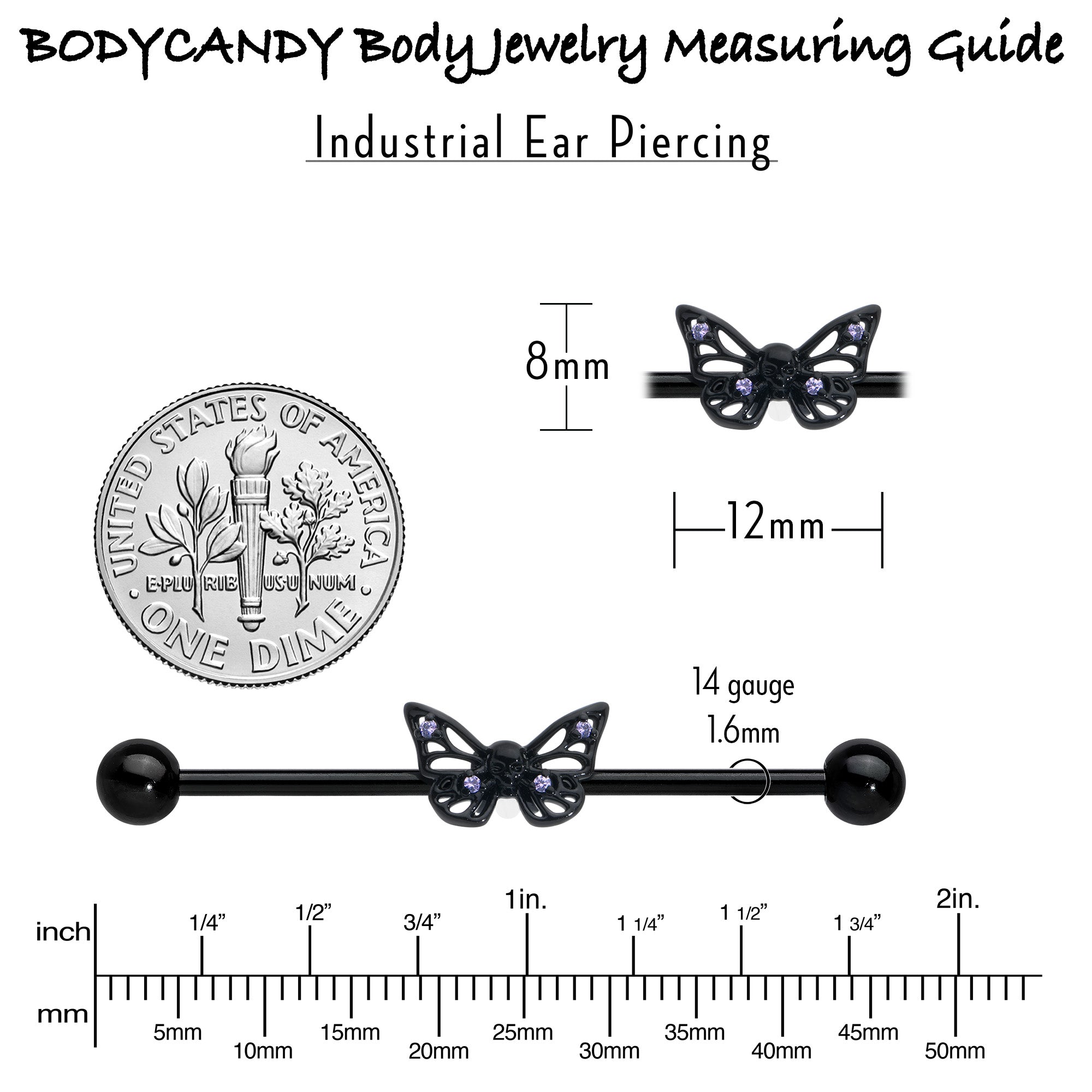 BodyCandy 14G Purple CZ Gem Black Skull Butterfly Industrial Barbell 38mm — in-use photo