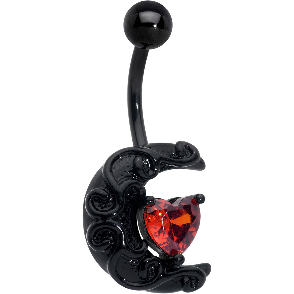 BodyCandy Red CZ Gem Black Scroll Moon Heart Belly Ring — main product shot