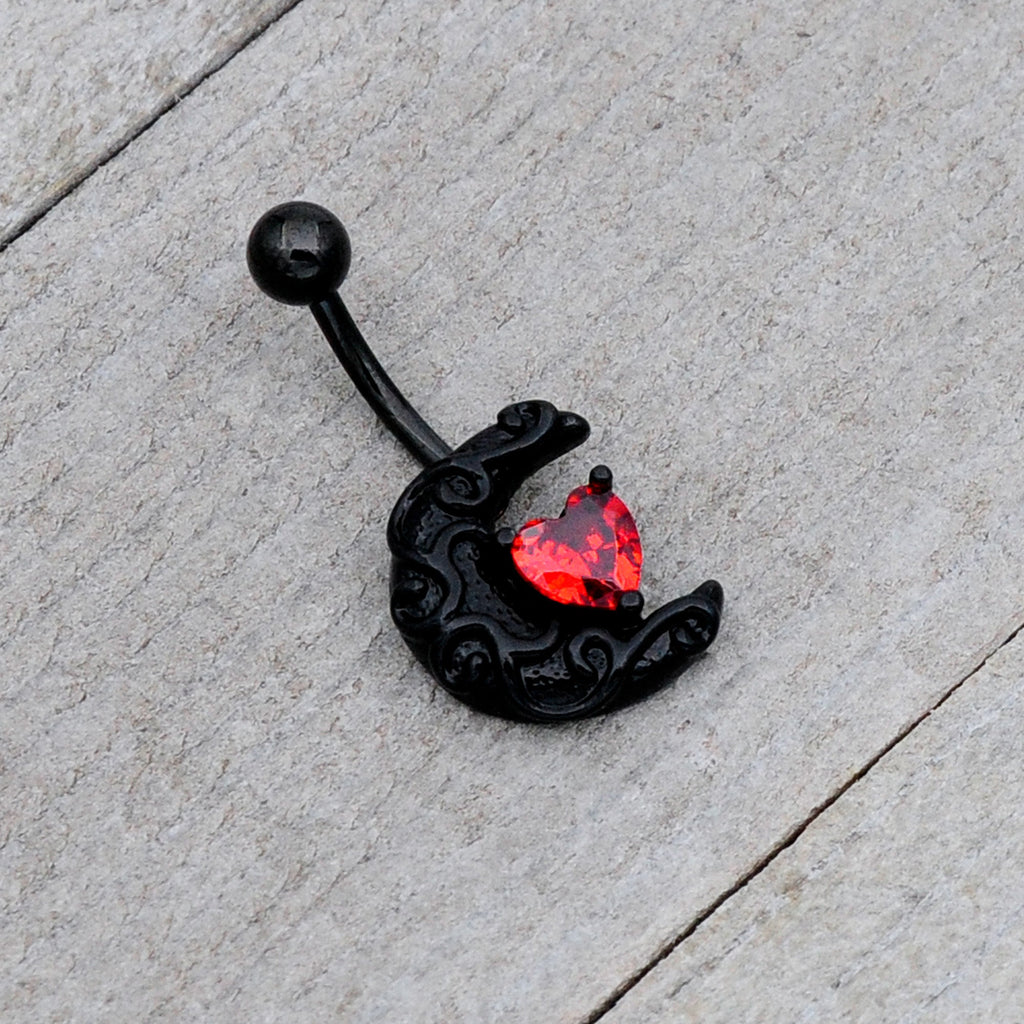 BodyCandy Red CZ Gem Black Scroll Moon Heart Belly Ring — lifestyle context