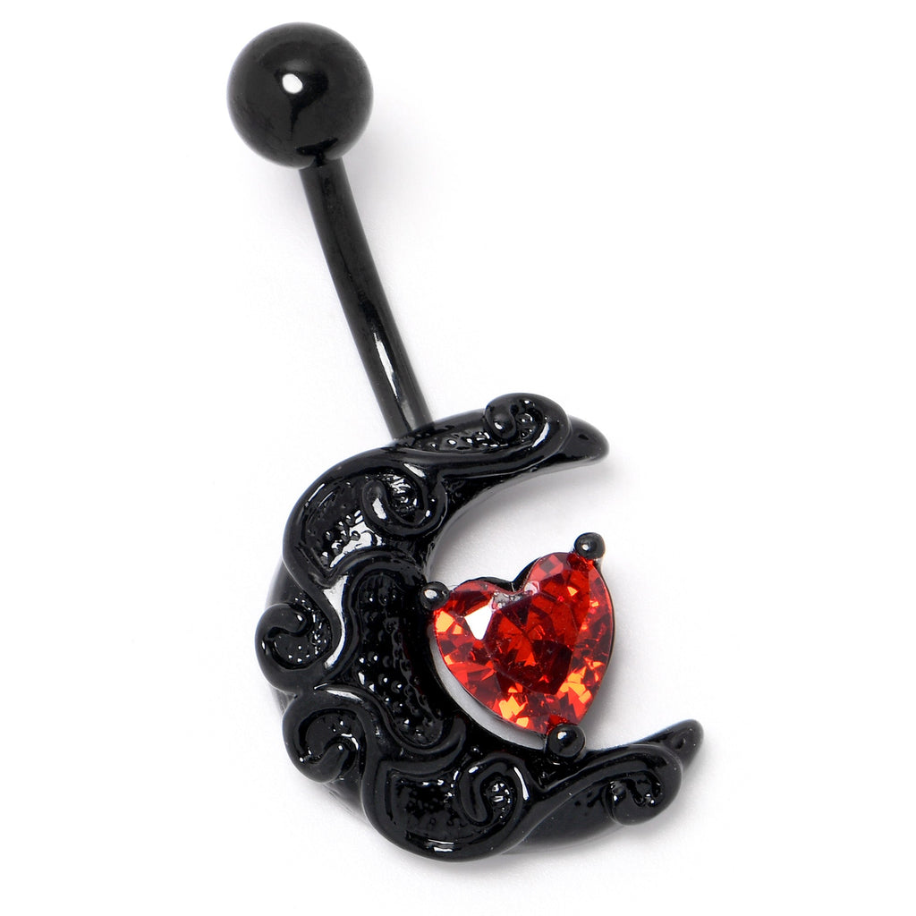 BodyCandy Red CZ Gem Black Scroll Moon Heart Belly Ring — side view