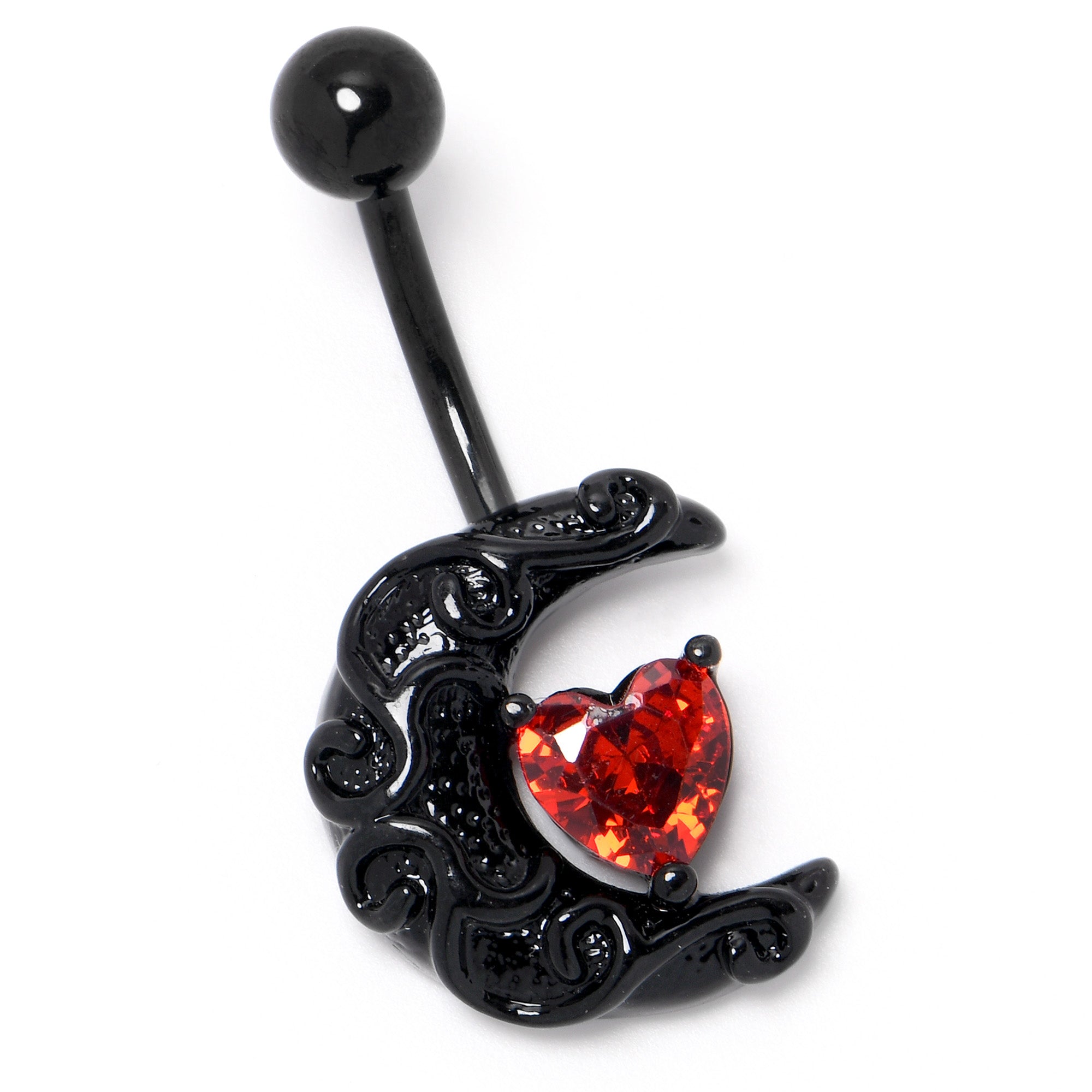 BodyCandy Red CZ Gem Black Scroll Moon Heart Belly Ring — side view