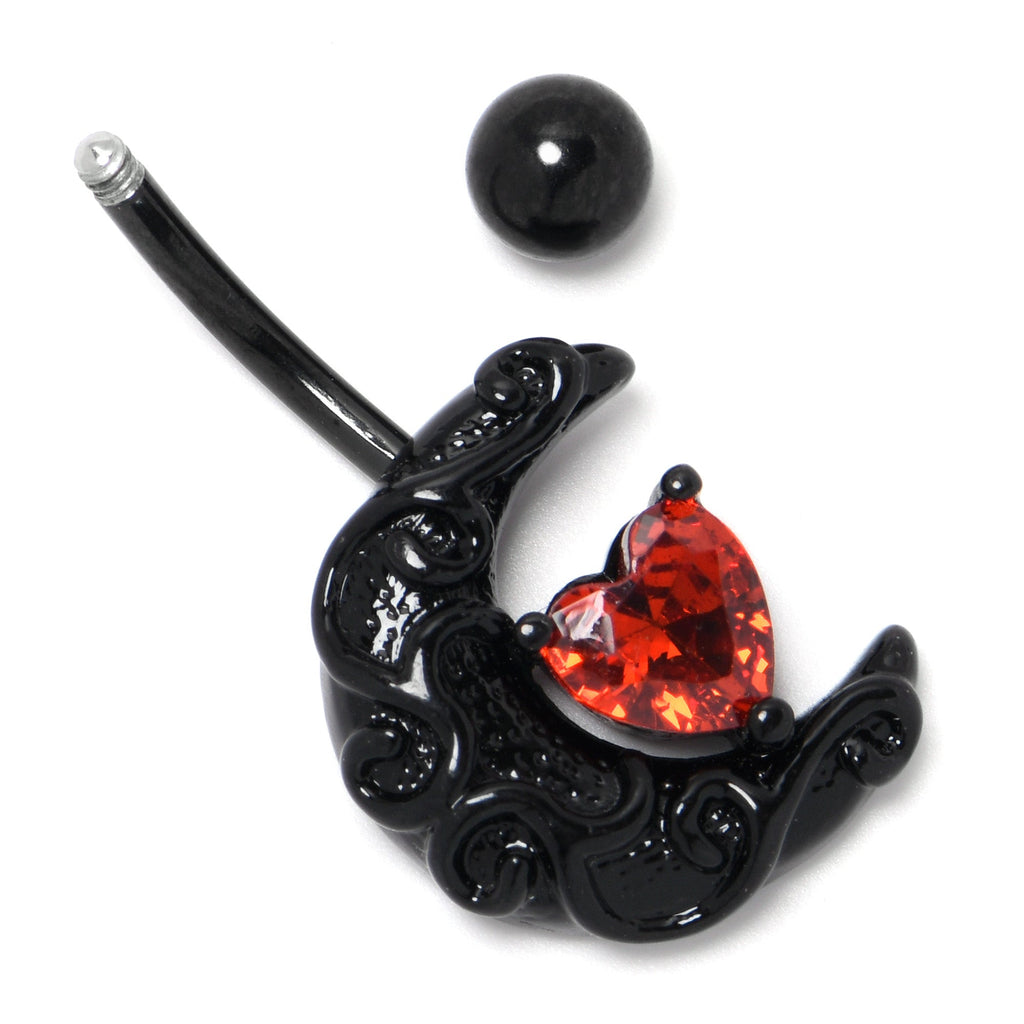 BodyCandy Red CZ Gem Black Scroll Moon Heart Belly Ring — back view