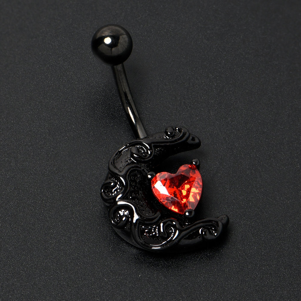 BodyCandy Red CZ Gem Black Scroll Moon Heart Belly Ring — alternative angle
