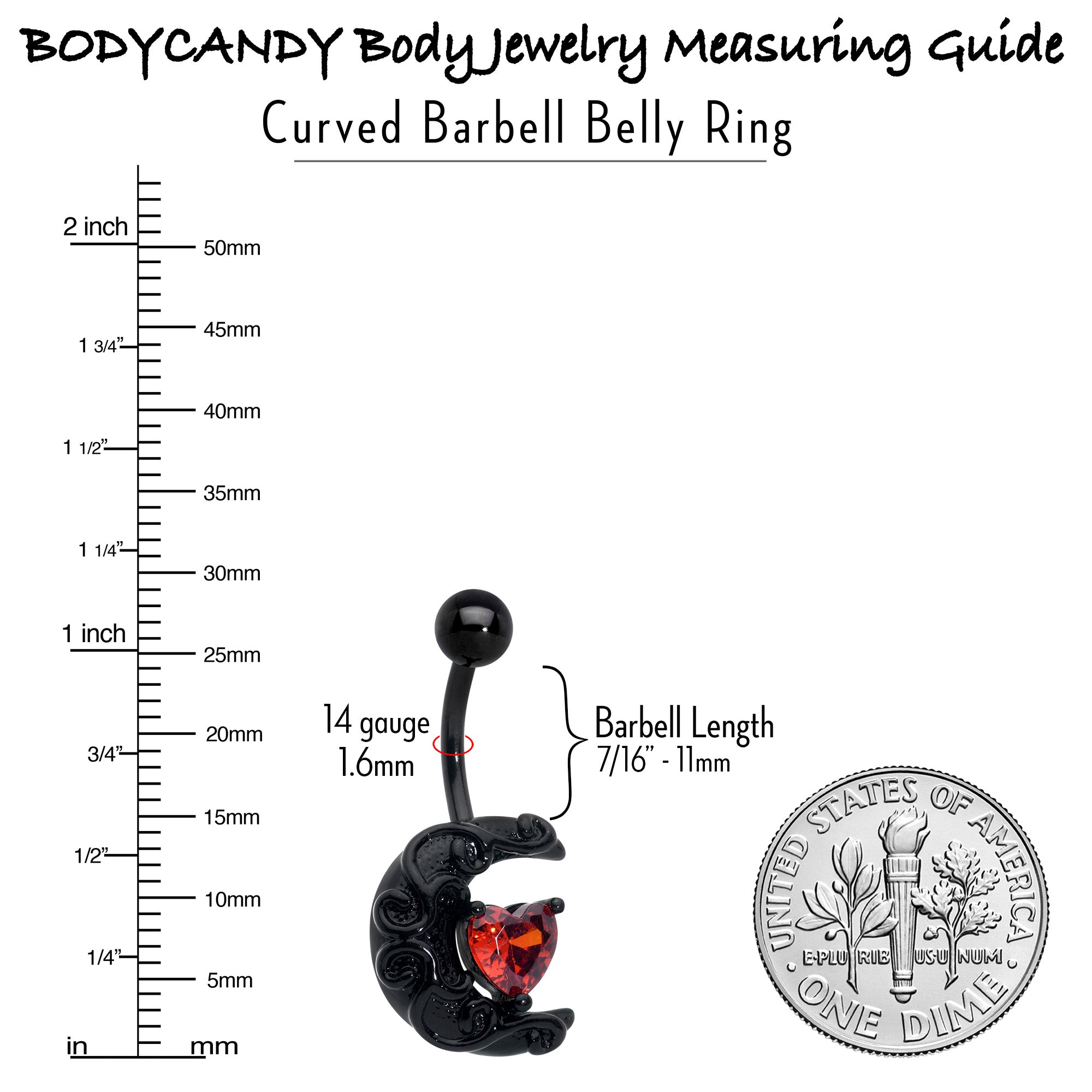 BodyCandy Red CZ Gem Black Scroll Moon Heart Belly Ring — in-use photo