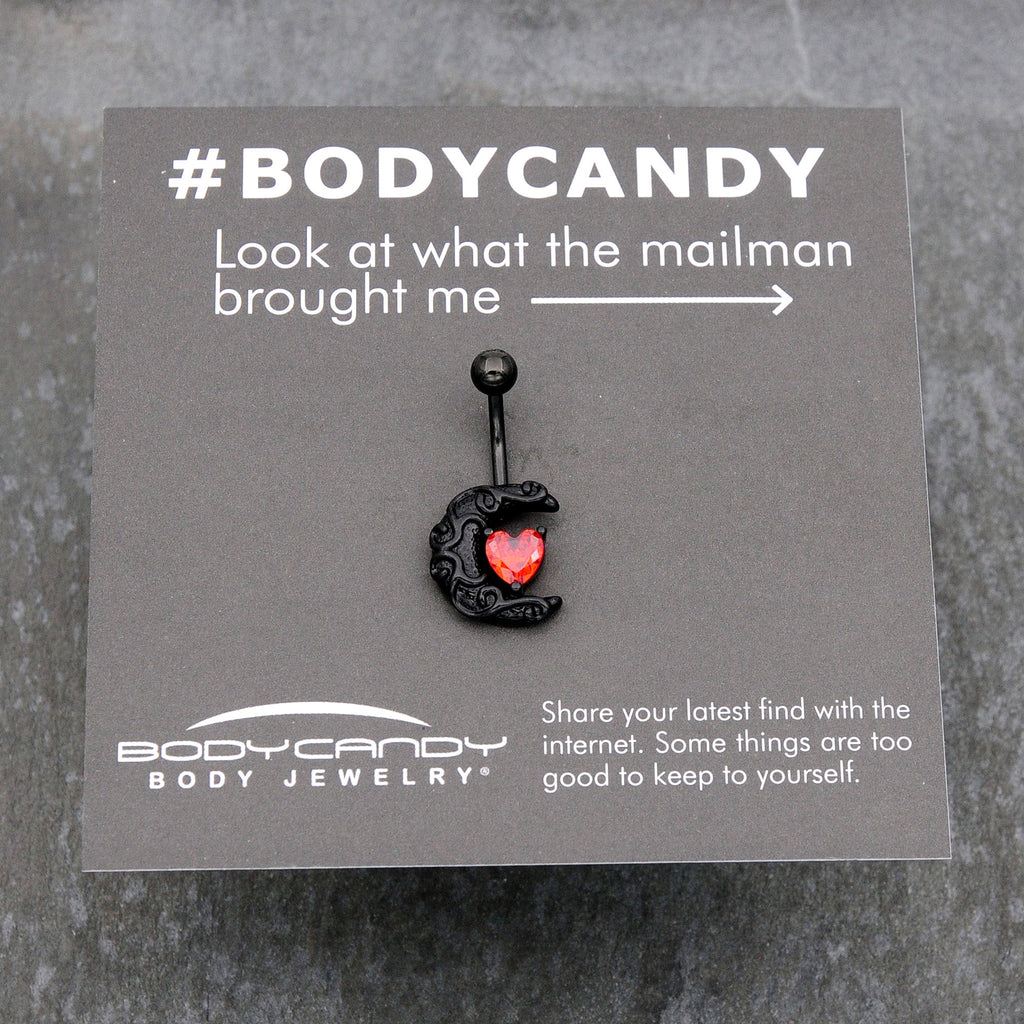 BodyCandy Red CZ Gem Black Scroll Moon Heart Belly Ring — size reference