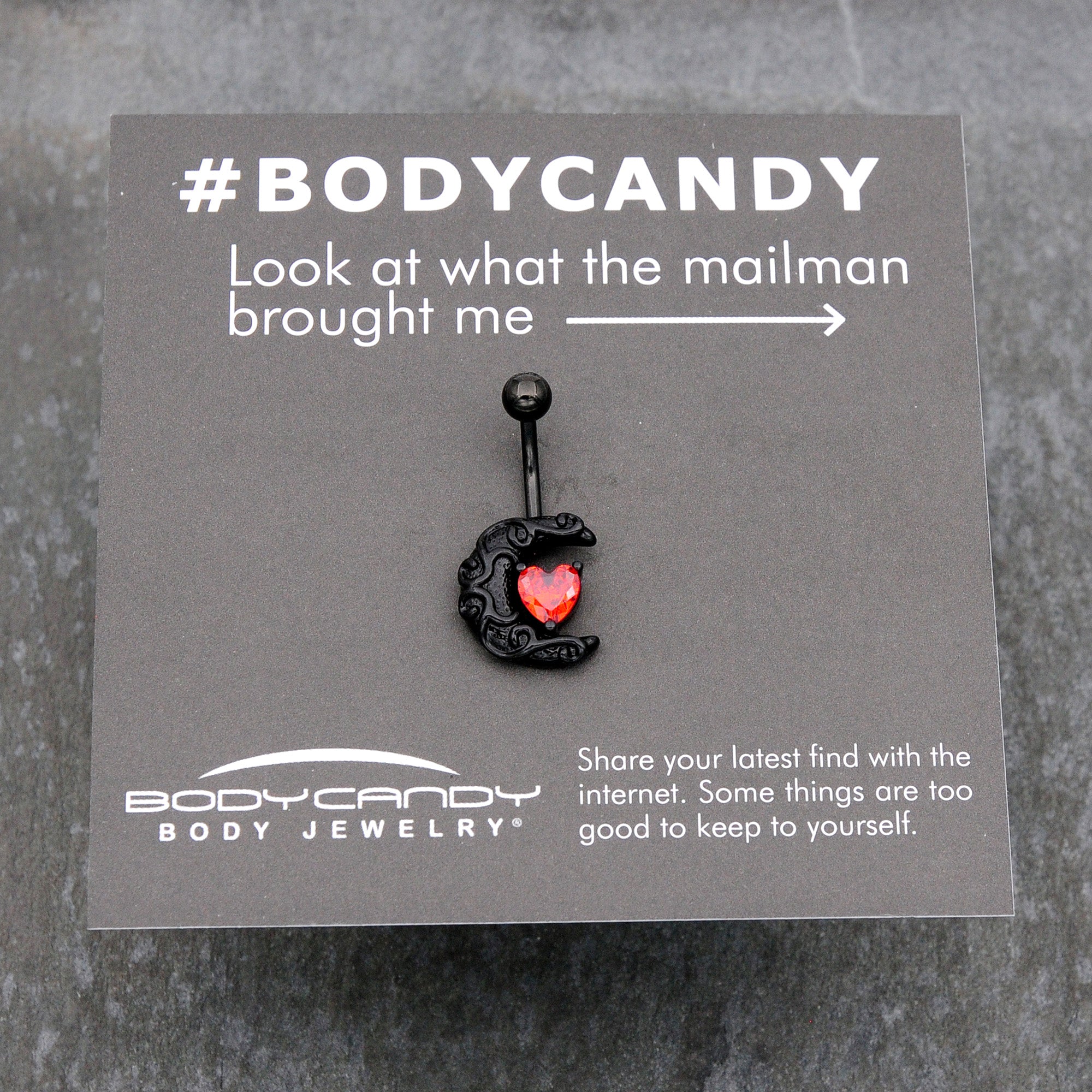 BodyCandy Red CZ Gem Black Scroll Moon Heart Belly Ring — size reference