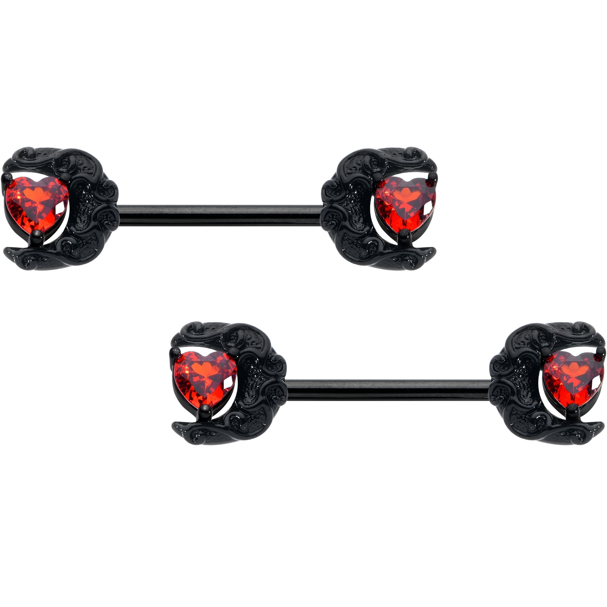 BodyCandy 14G 9/16 Red CZ Gem Black Scroll Moon Heart Barbell Nipple Ring Set — main product shot